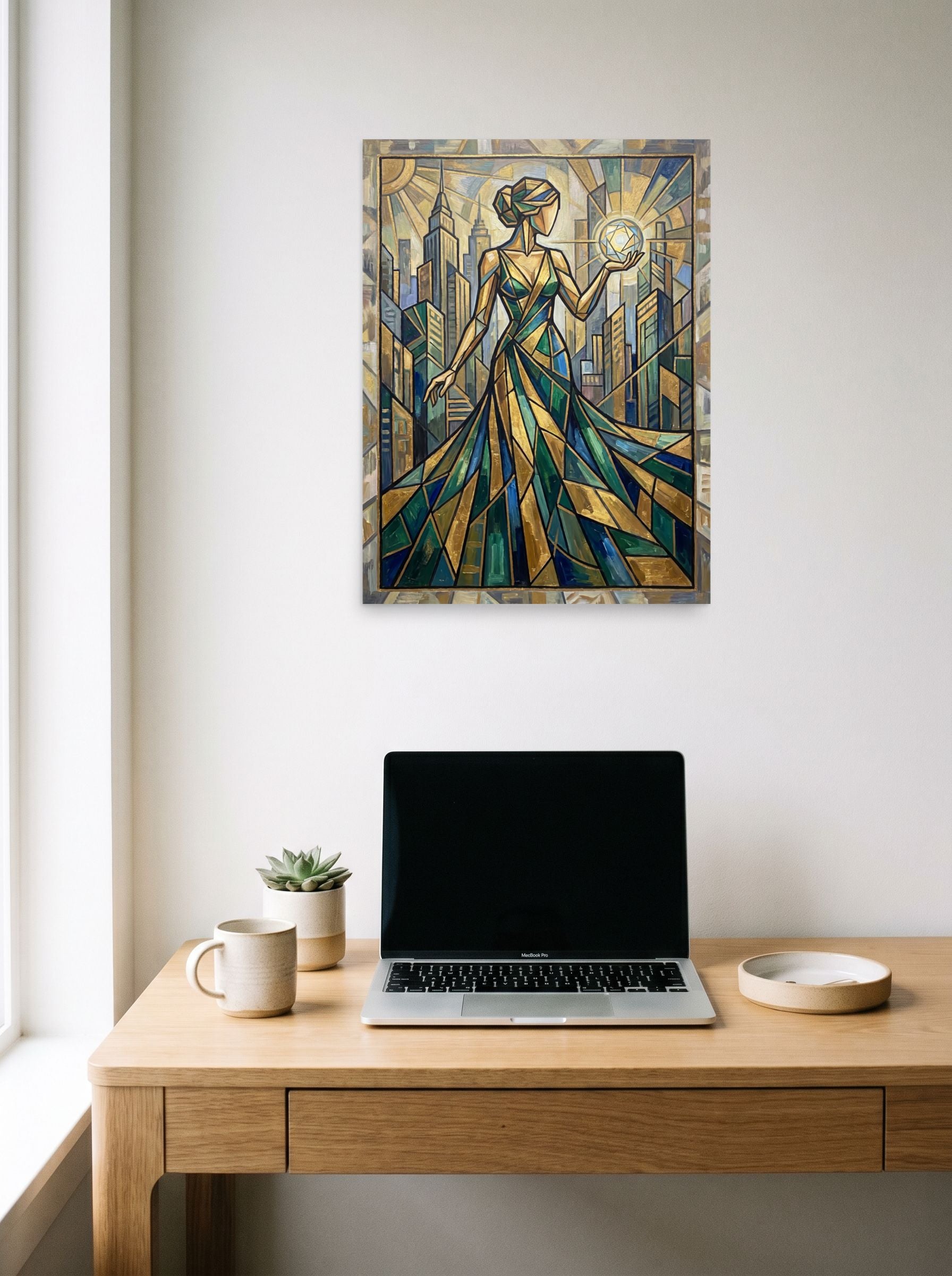 A 18x24 inch unframed paper Art Deco print of 'City of Light' hanging above a worktable with a laptop.