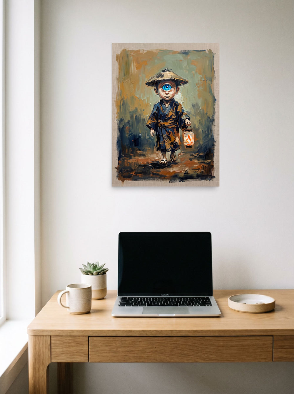 The unframed paper print 'The Lantern Bearer' styled above a home-office workspace, shown at 18x24 inch.