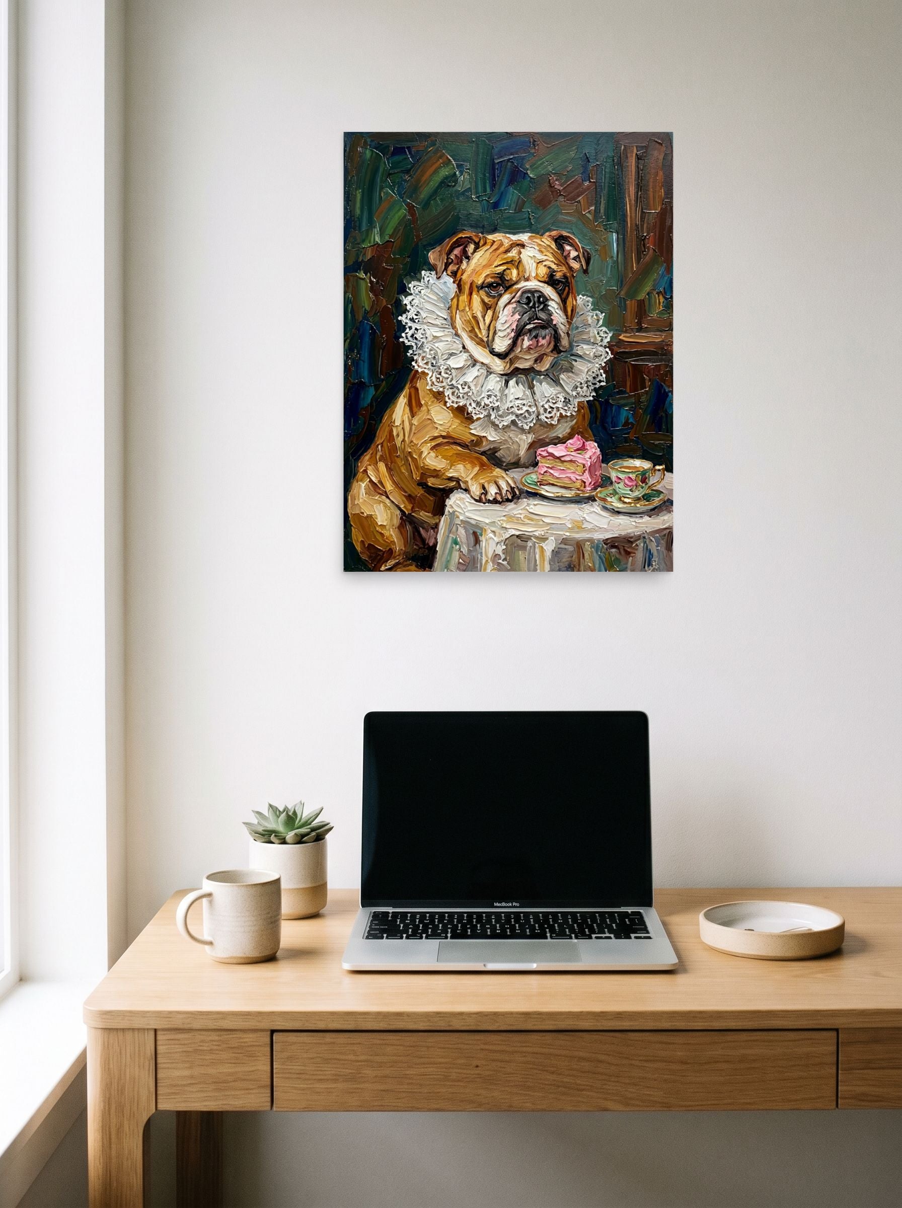 A 18x24 inch unframed paper Renaissance,Pop art print of 'A Noble Treat' hanging above a worktable with a laptop.