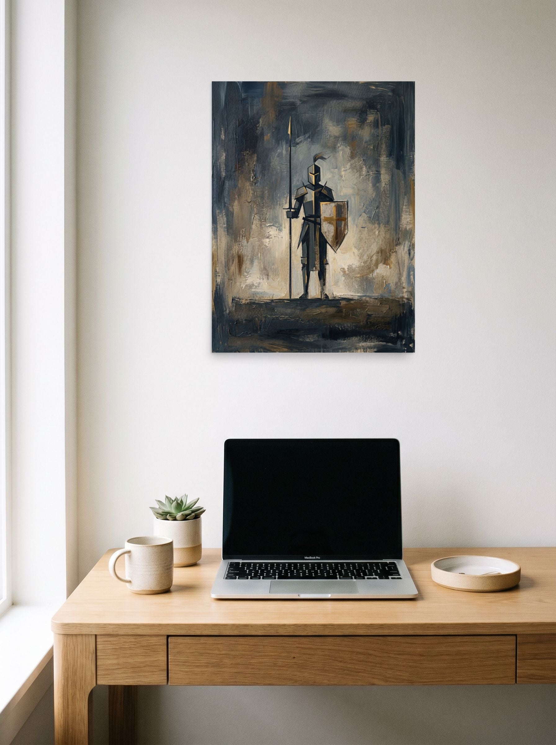A 18x24 inch unframed paper Minimalism print of 'The Golden Sentinel' hanging above a worktable with a laptop.