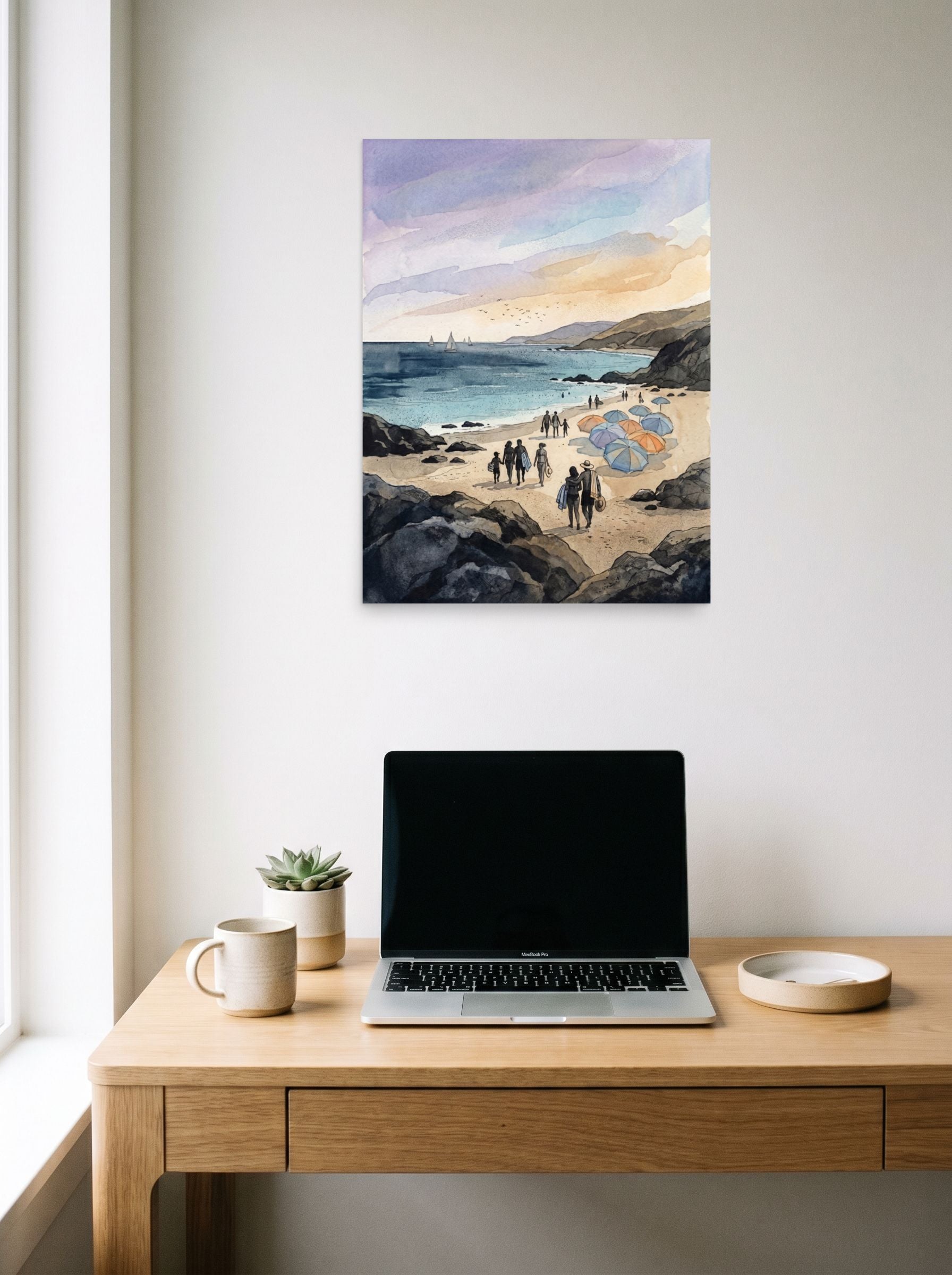 A 18x24 inch unframed paper Impressionism print of 'Coastal Gathering' hanging above a worktable with a laptop.