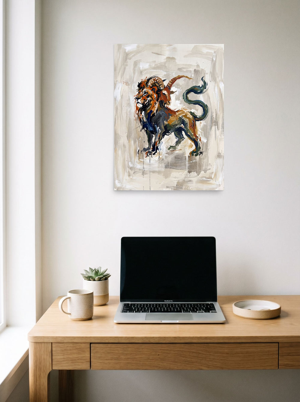 18x24 inch unframed paper print of 'The Chimera', displayed over a compact desk setup.