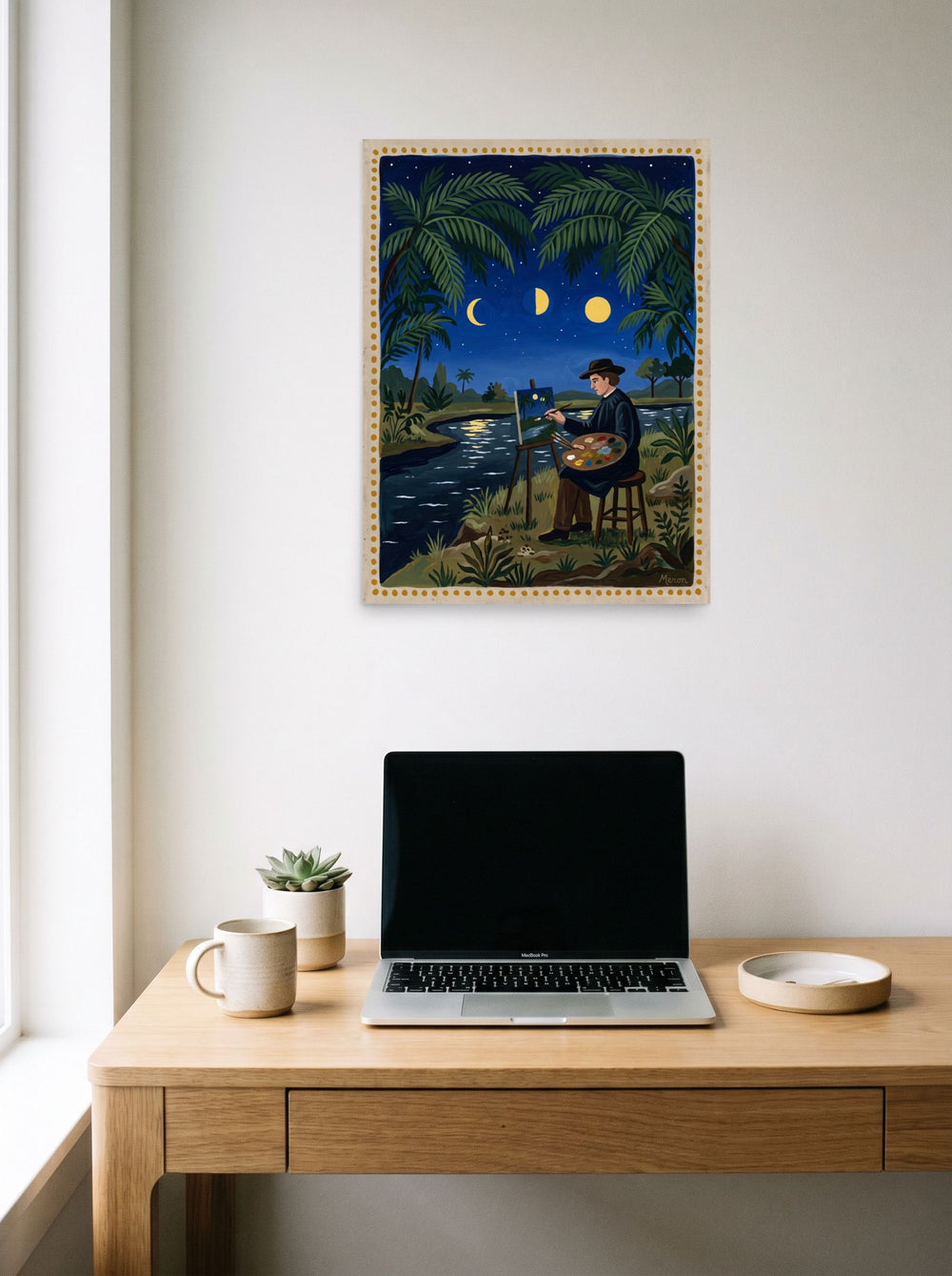 'Nocturne Artist' in 18x24 inch unframed paper, displayed over a compact desk setup.