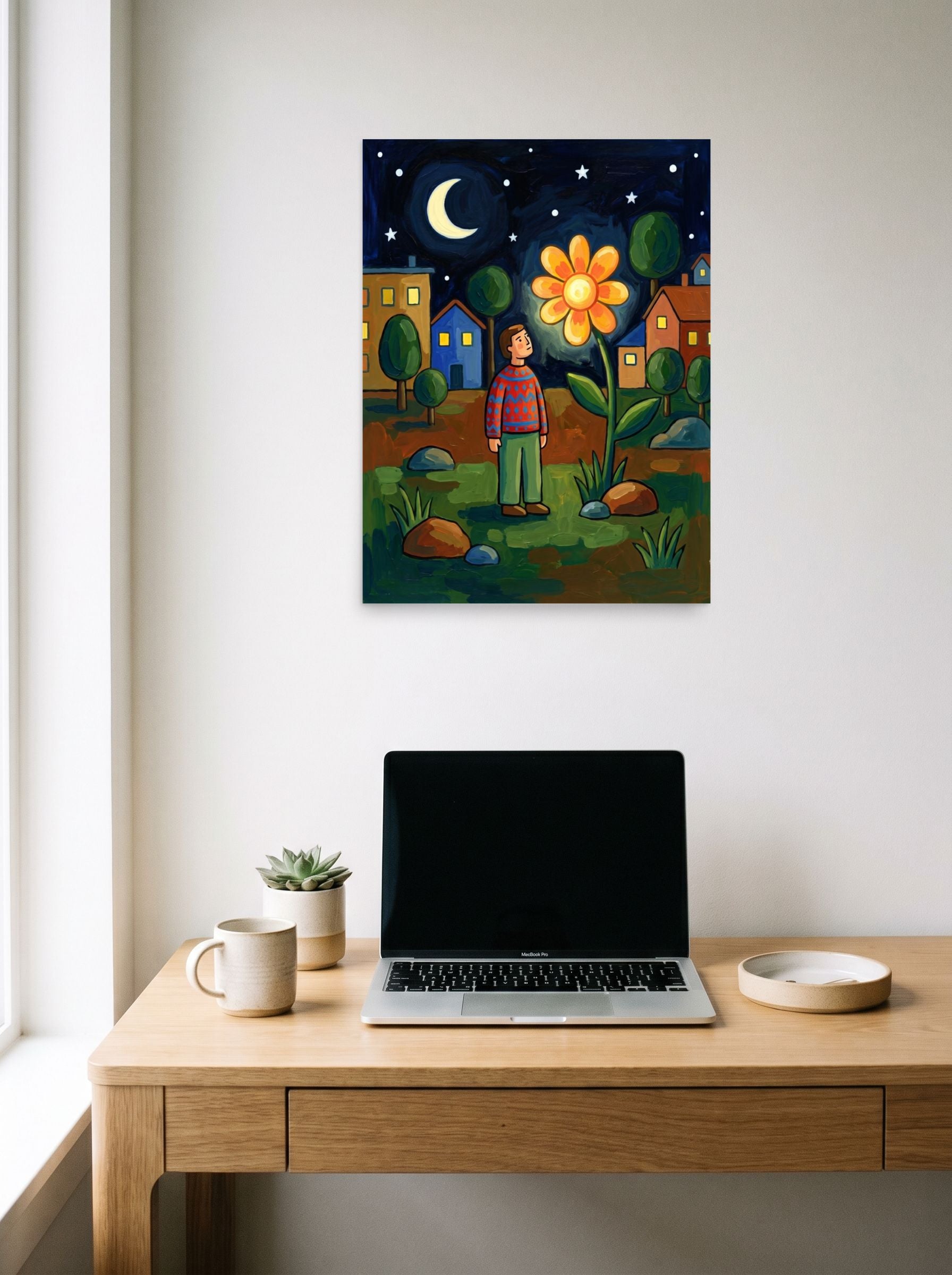 A 18x24 inch unframed paper Naive art print of 'The Glowing Night Bloom' hanging above a worktable with a laptop.