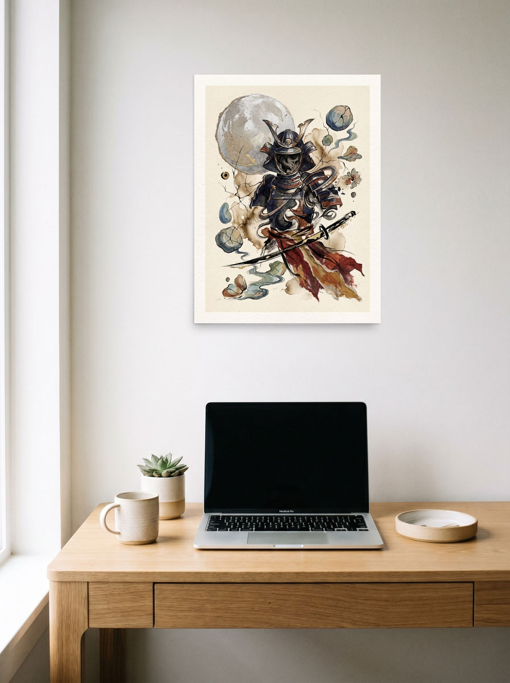 unframed paper wall art 'Shadow of the Warrior' displayed over a compact desk setup, at 18x24 inch.