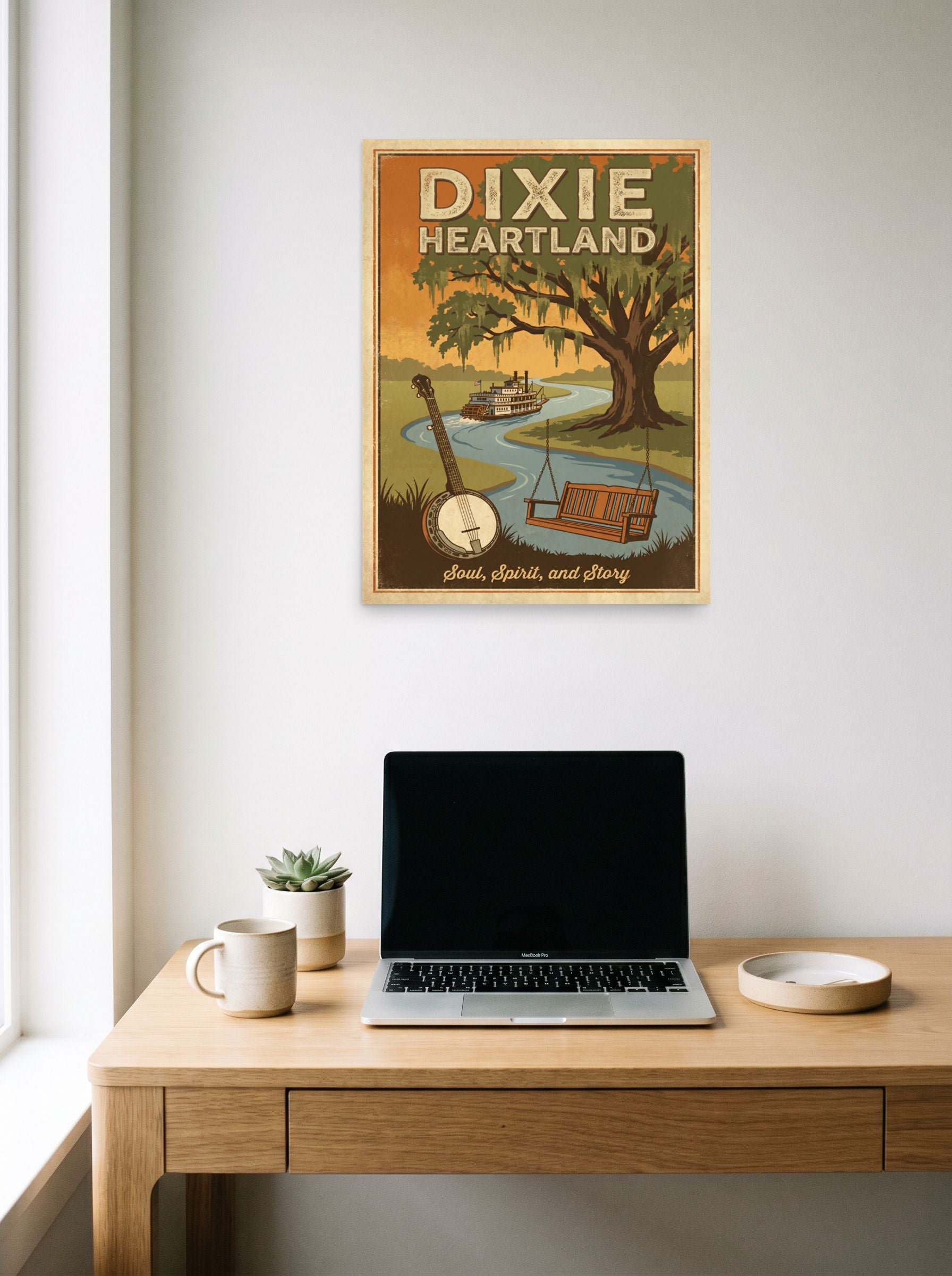 A 18x24 inch unframed paper Regionalism print of 'Southern Soul' hanging above a worktable with a laptop.