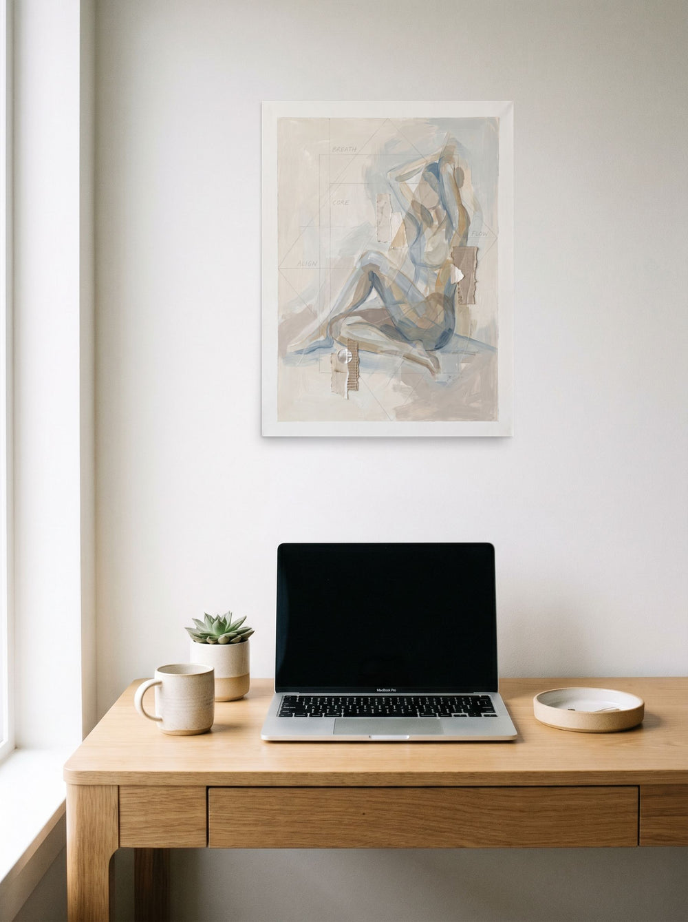 See 'Breath and Alignment' as a unframed paper print (18x24 inch), displayed over a compact desk setup.