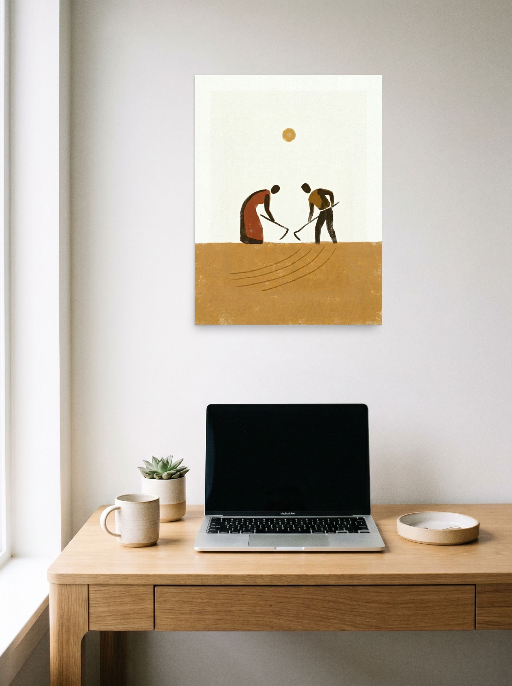 A 18x24 inch unframed paper Minimalism,Modernism print of 'Harvest Rhythm' hanging above a worktable with a laptop.