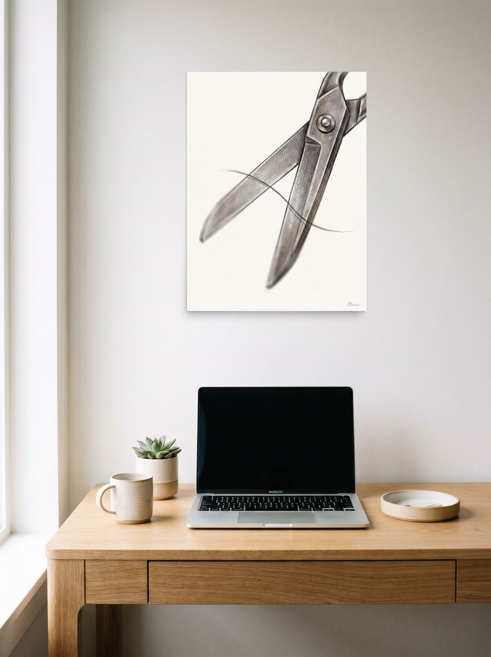unframed paper wall art 'The Precision Cut' hanging above a worktable with a laptop, at 18x24 inch.