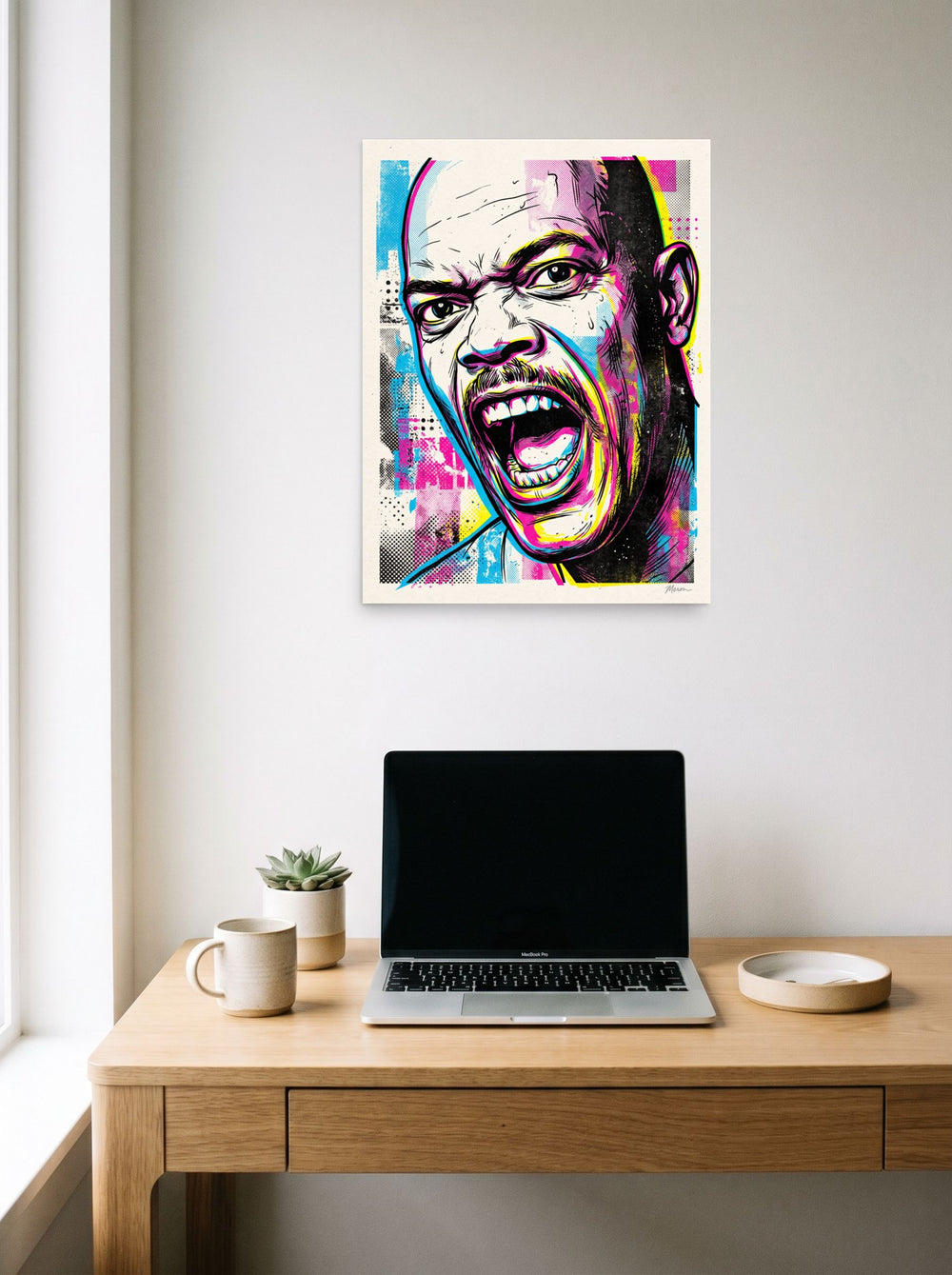 A 18x24 inch unframed paper Pop art print of 'Unfiltered Fury', styled above a home-office workspace.