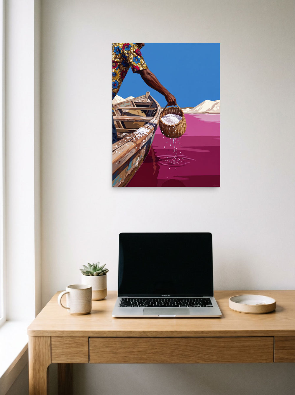 'Pink Lake Harvest' displayed over a compact desk setup. A 18x24 inch unframed paper Figurative art print.
