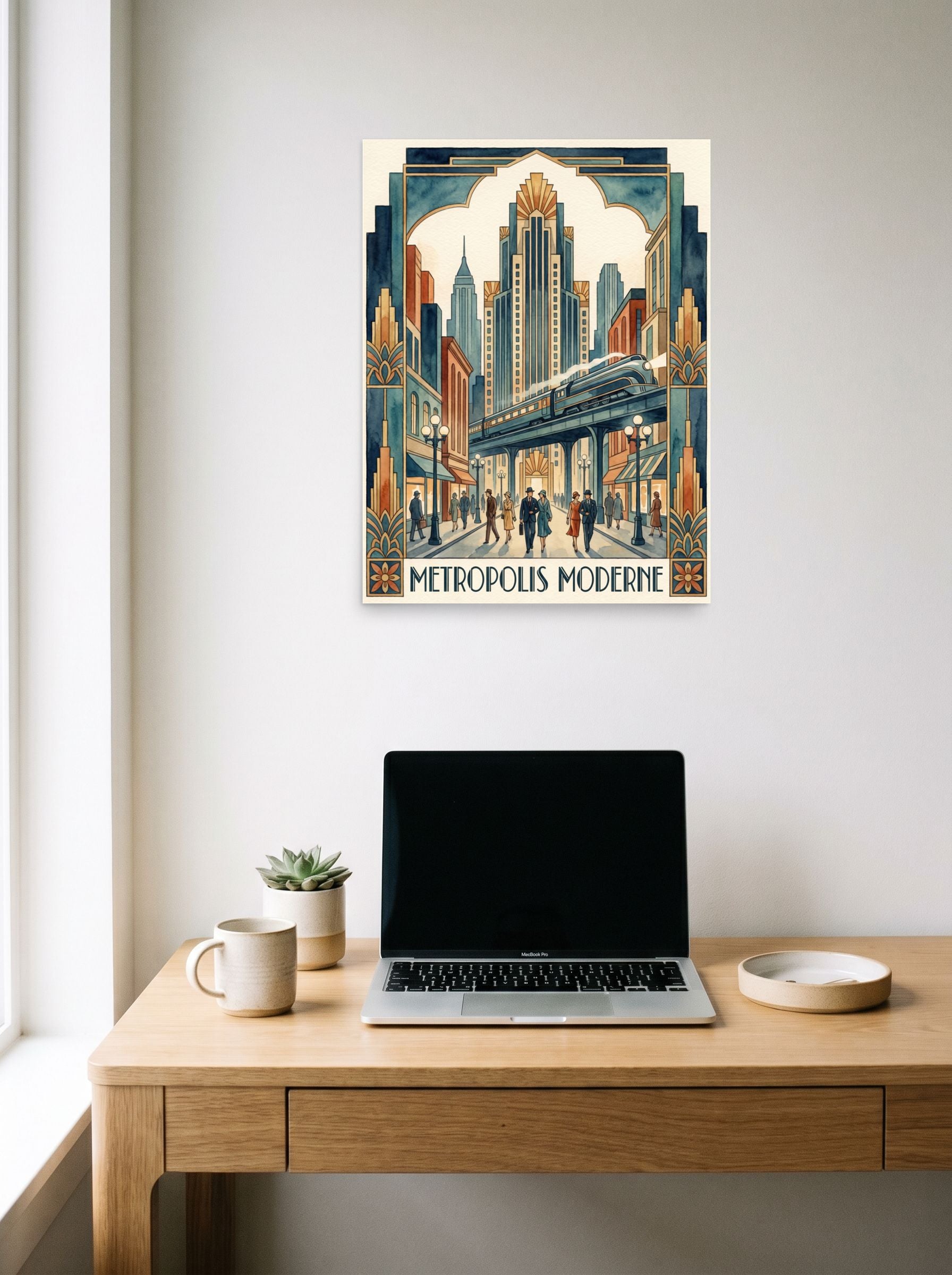 A 18x24 inch unframed paper Art Deco print of 'Metropolis Moderne Stroll' hanging above a worktable with a laptop.
