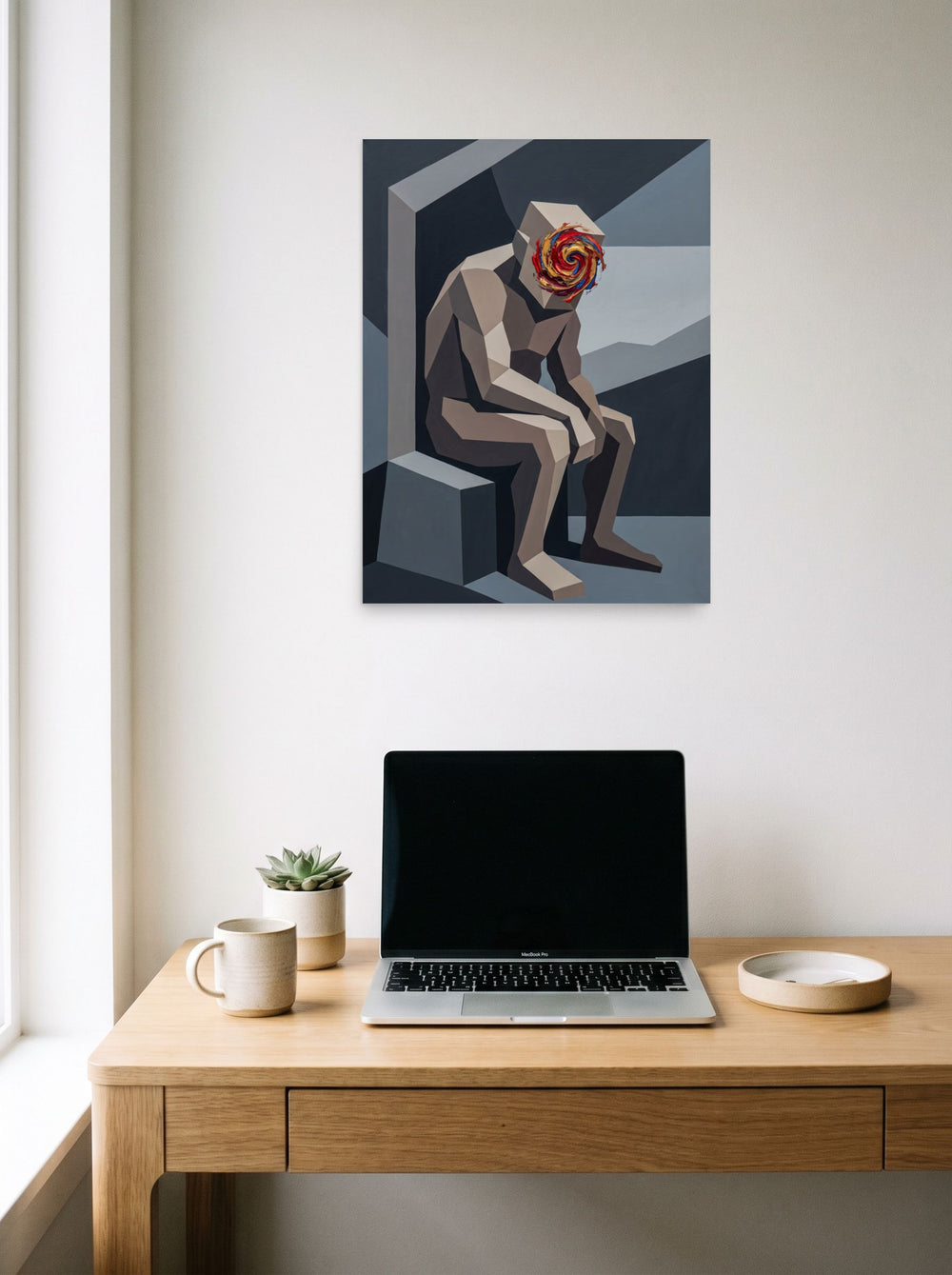 unframed paper wall art 'Vortex of Thought' styled above a home-office workspace, at 18x24 inch.