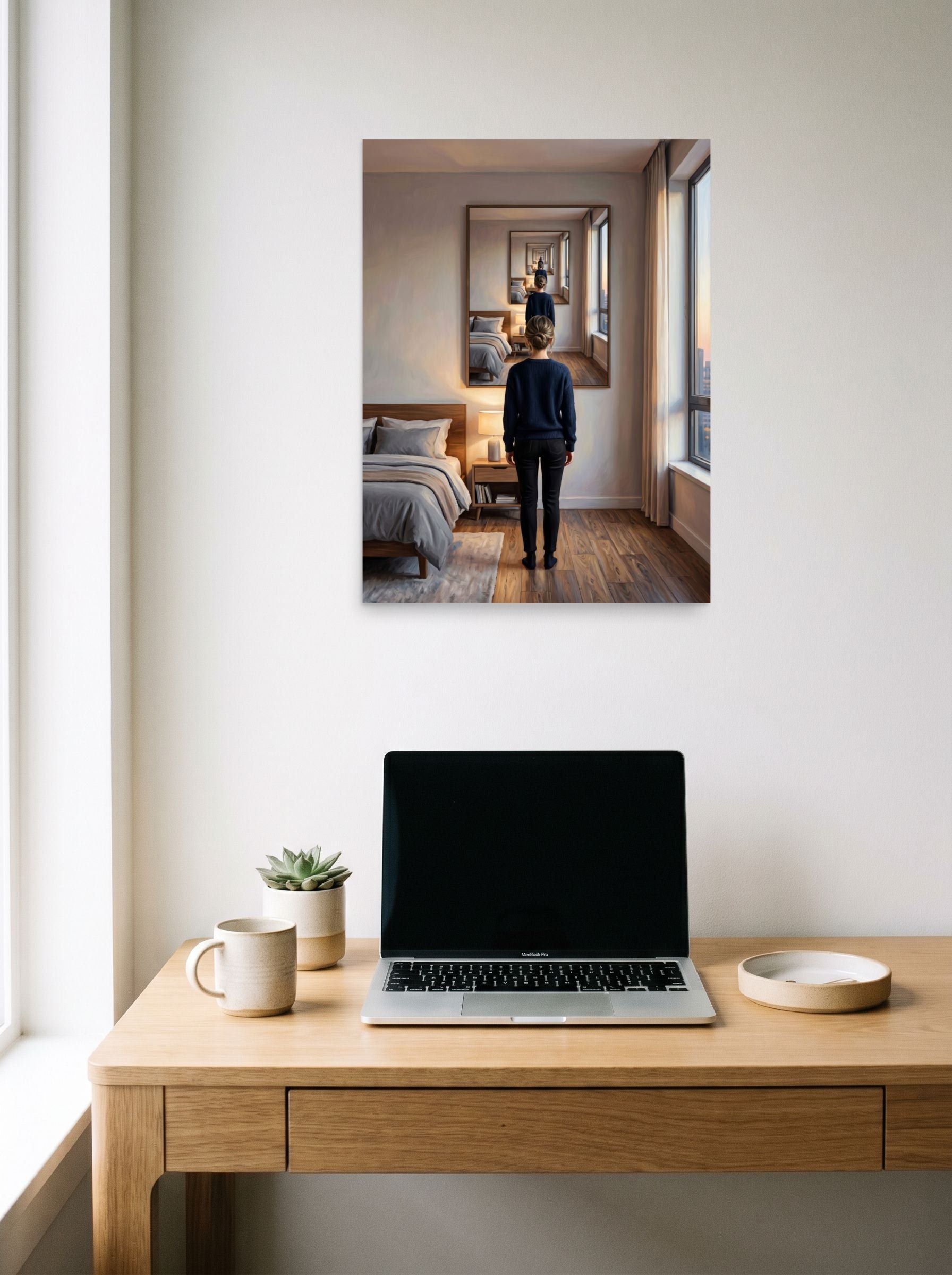 A 18x24 inch unframed paper Surrealism,Magic realism print of 'The Infinite Self' hanging above a worktable with a laptop.