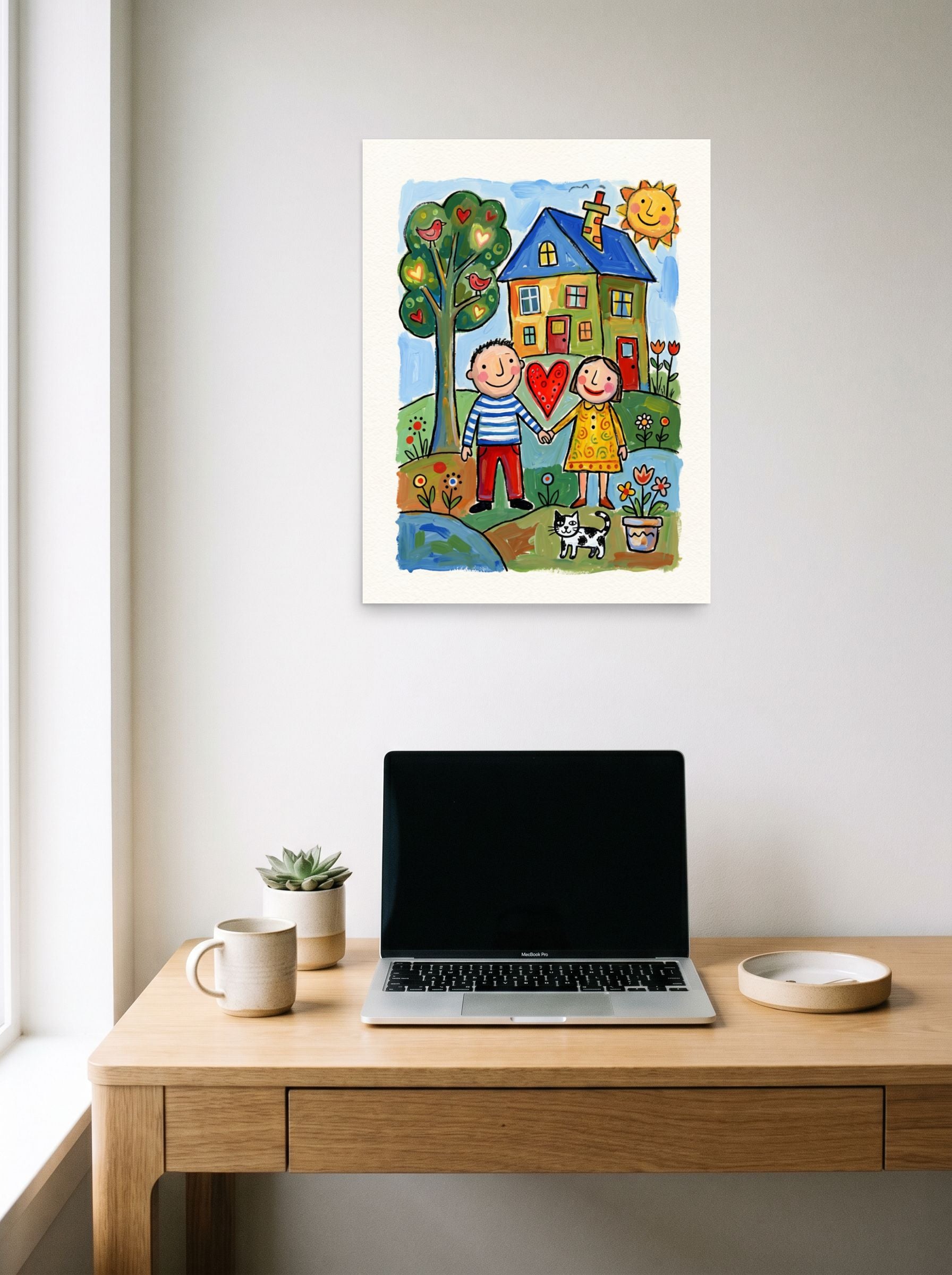 A 18x24 inch unframed paper Naive art,Folk art print of 'Our Little Home' hanging above a worktable with a laptop.