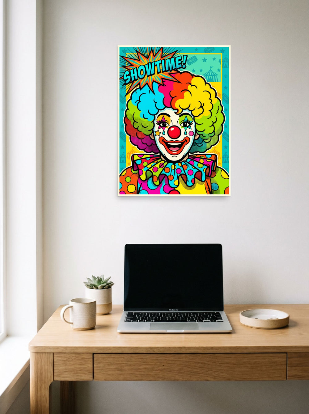 A 18x24 inch unframed paper Pop art print of 'Showtime Pop Clown' hanging above a worktable with a laptop.
