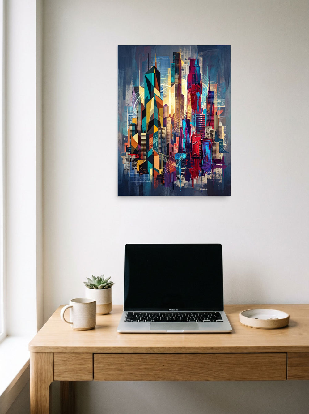 'Architectural Rhythm' displayed over a compact desk setup. A 18x24 inch unframed paper Cubism print.