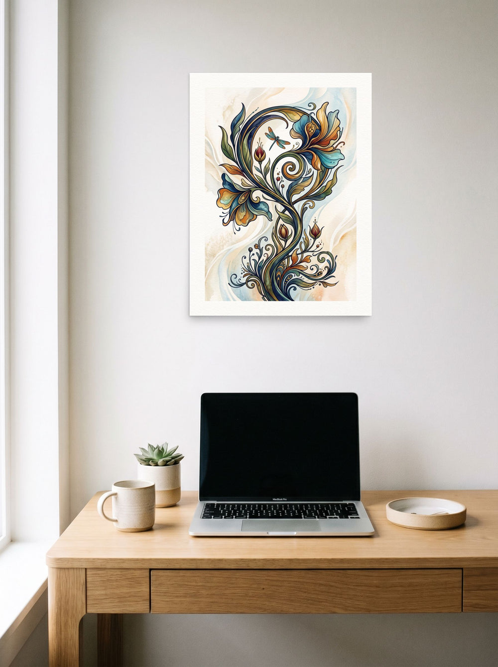 'Dragonfly and the Sinuous Iris' hanging above a worktable with a laptop, printed as unframed paper at 18x24 inch.