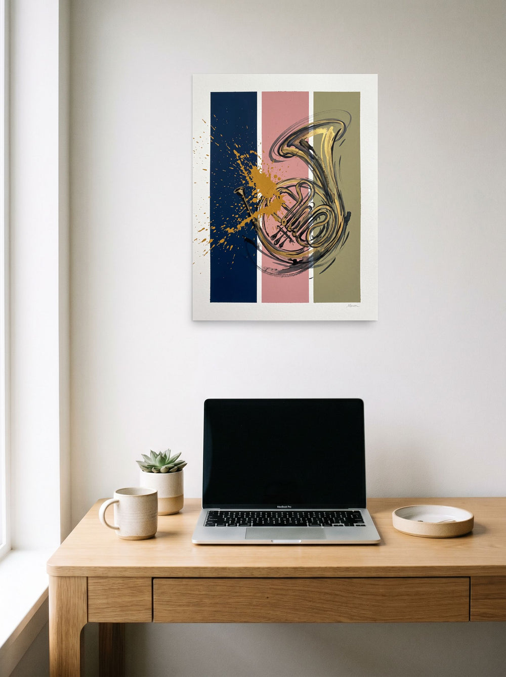 A 18x24 inch unframed paper version of 'Resonance in Brass', Abstract art wall art, styled above a home-office workspace.