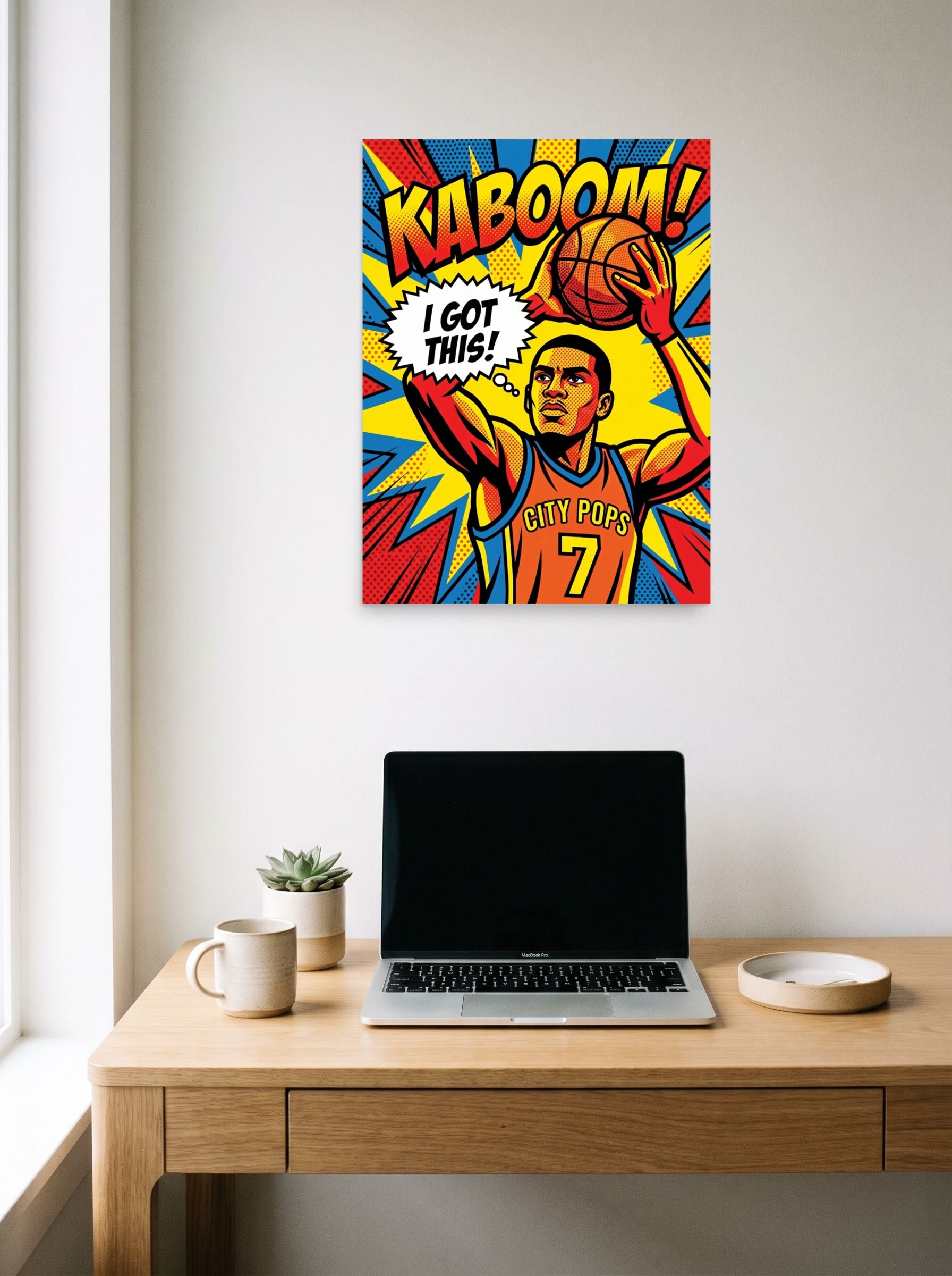A 18x24 inch unframed paper Pop art print of 'I Got This' hanging above a worktable with a laptop.