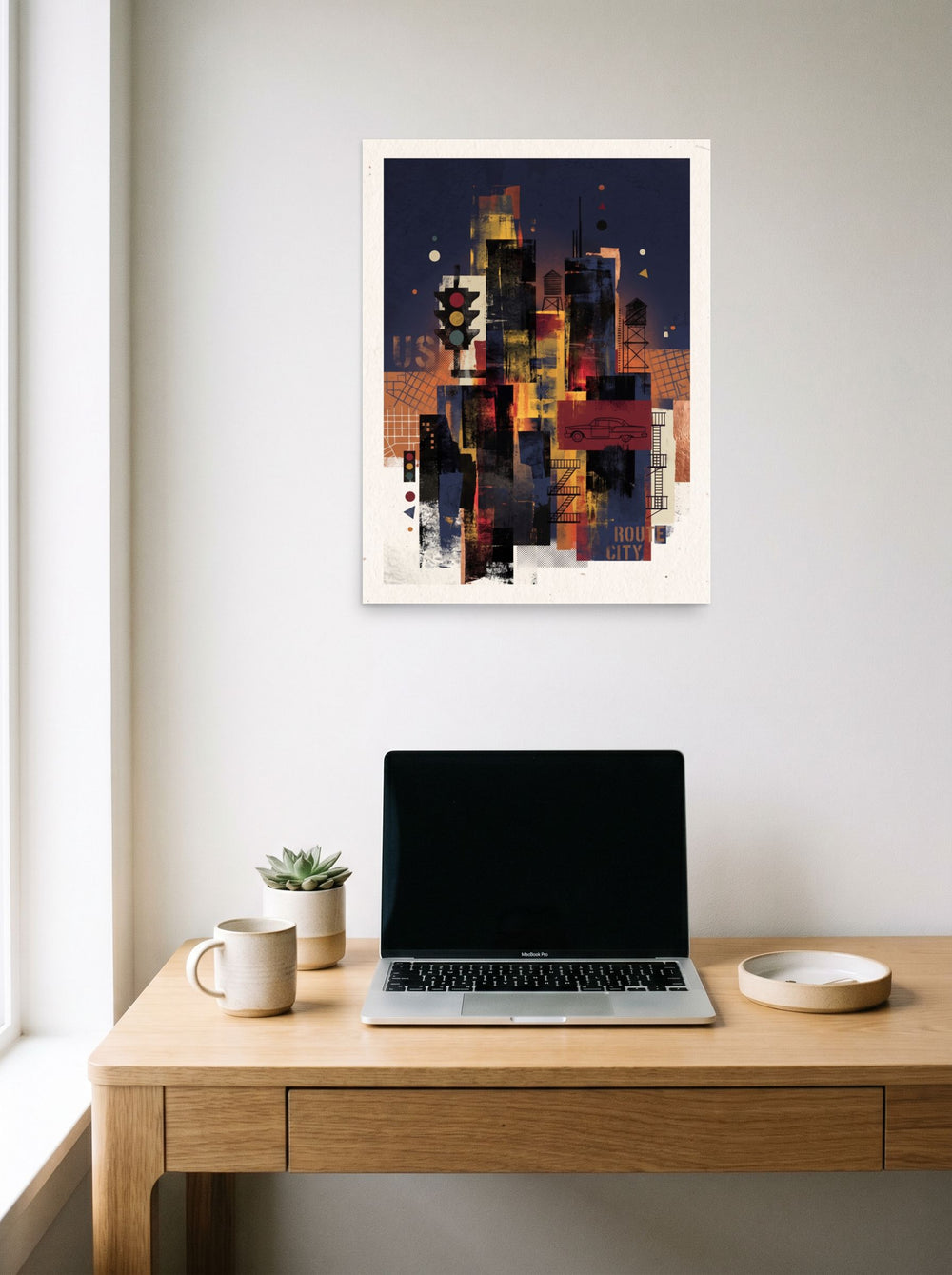 The unframed paper print 'Route City Shadows' styled above a home-office workspace, shown at 18x24 inch.