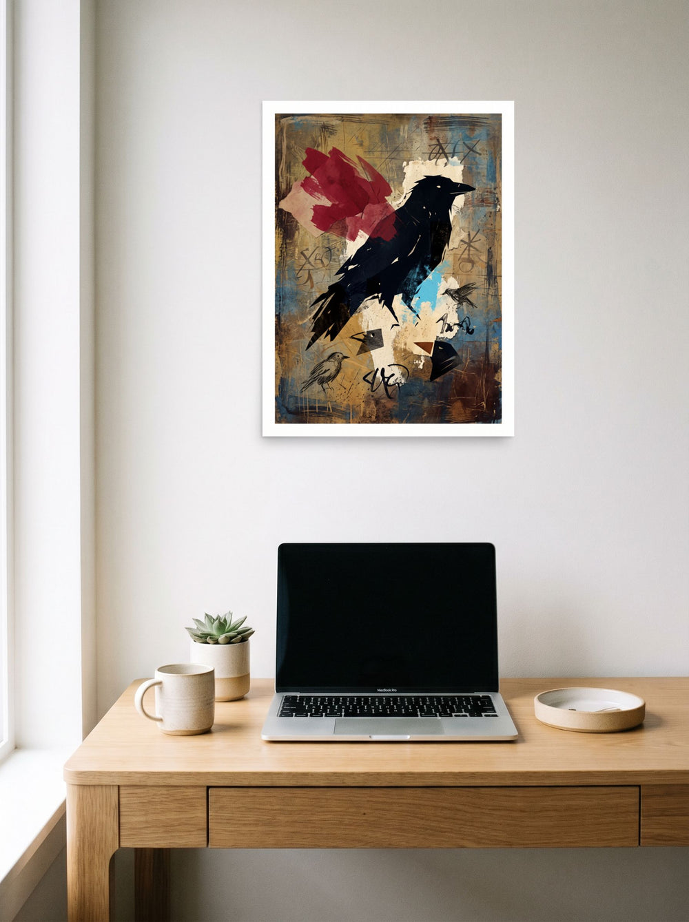 The unframed paper print 'The Alchemist's Messenger' displayed over a compact desk setup, shown at 18x24 inch.