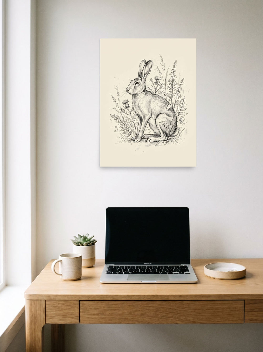 A 18x24 inch unframed paper Realism print of 'Hare in the Thistles Sketch' hanging above a worktable with a laptop.