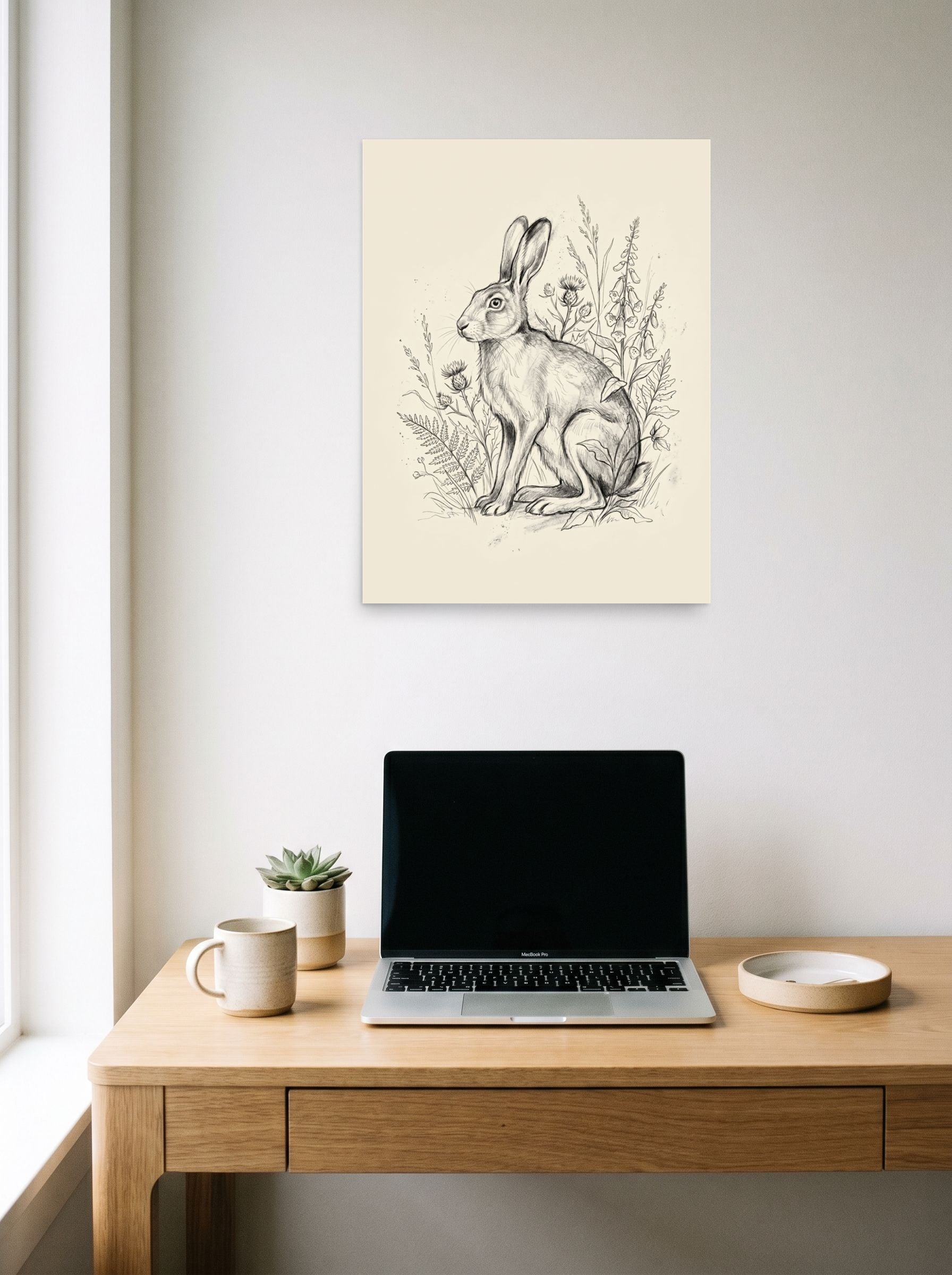A 18x24 inch unframed paper Realism print of 'Hare in the Thistles Sketch' hanging above a worktable with a laptop.