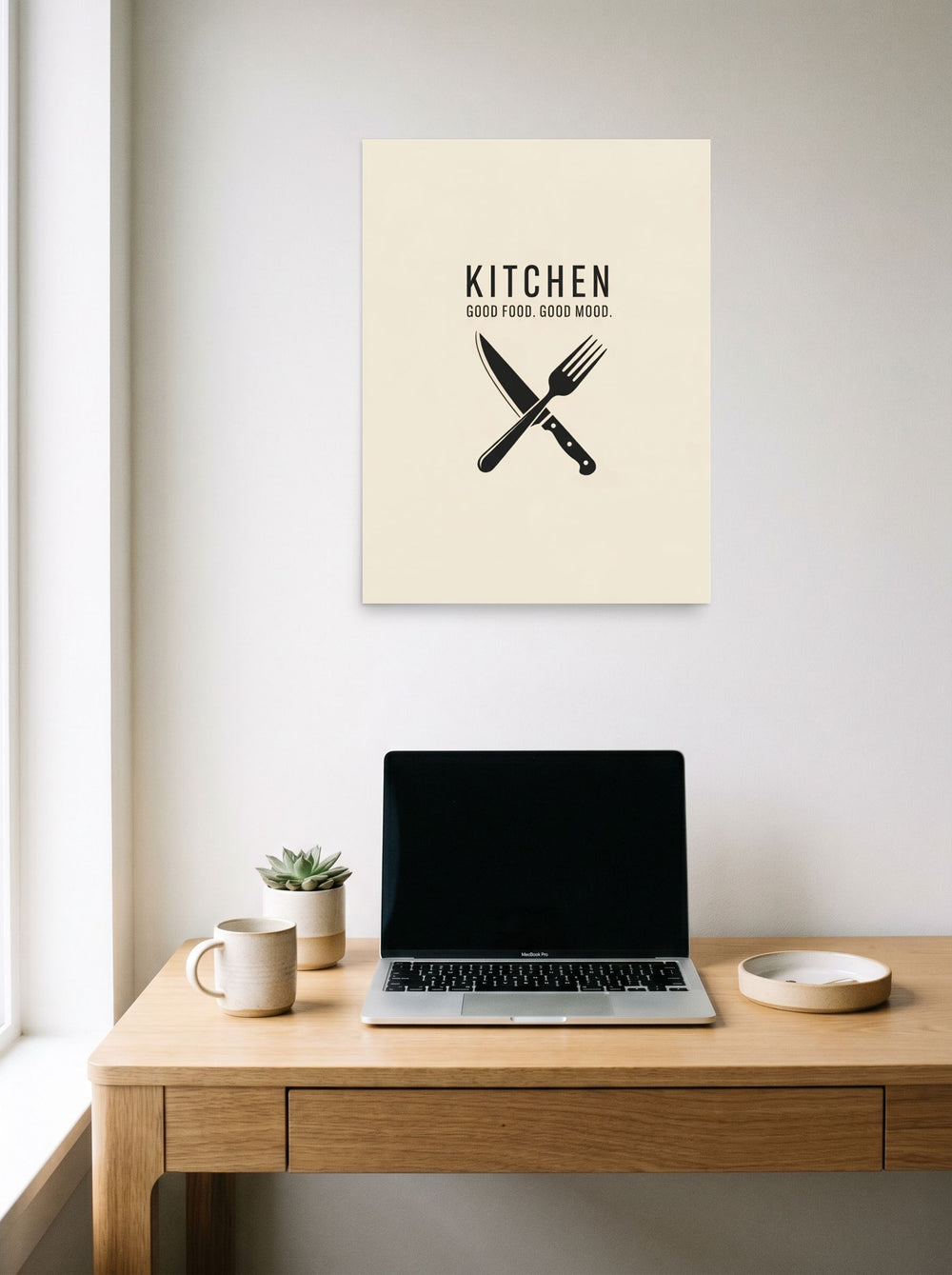 A 18x24 inch unframed paper Minimalism,Digital art print of 'Culinary Moods' hanging above a worktable with a laptop.