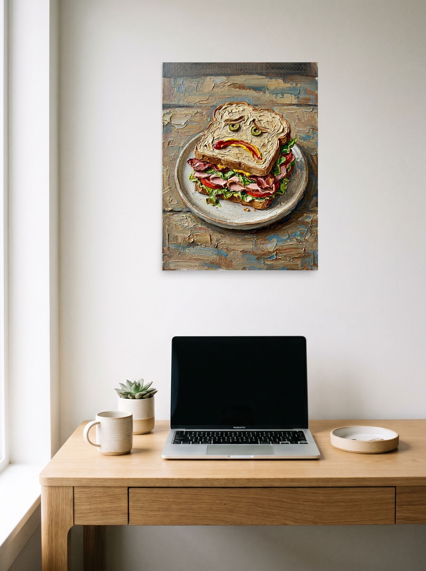 A 18x24 inch unframed paper Expressionism print of 'The Melancholy Meal' hanging above a worktable with a laptop.