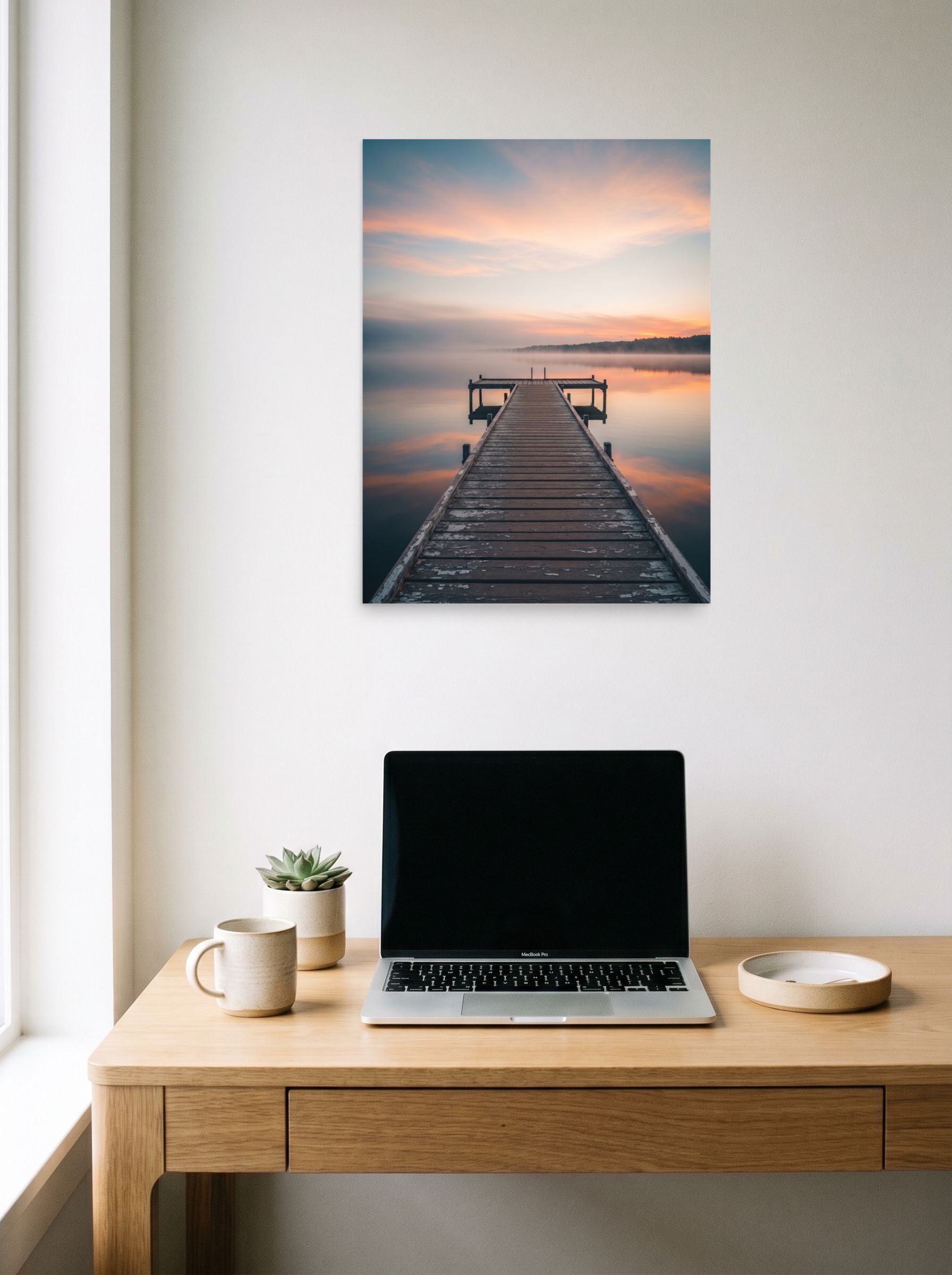 A 18x24 inch unframed paper Art photography print of 'Pastel Dawn Pier' hanging above a worktable with a laptop.