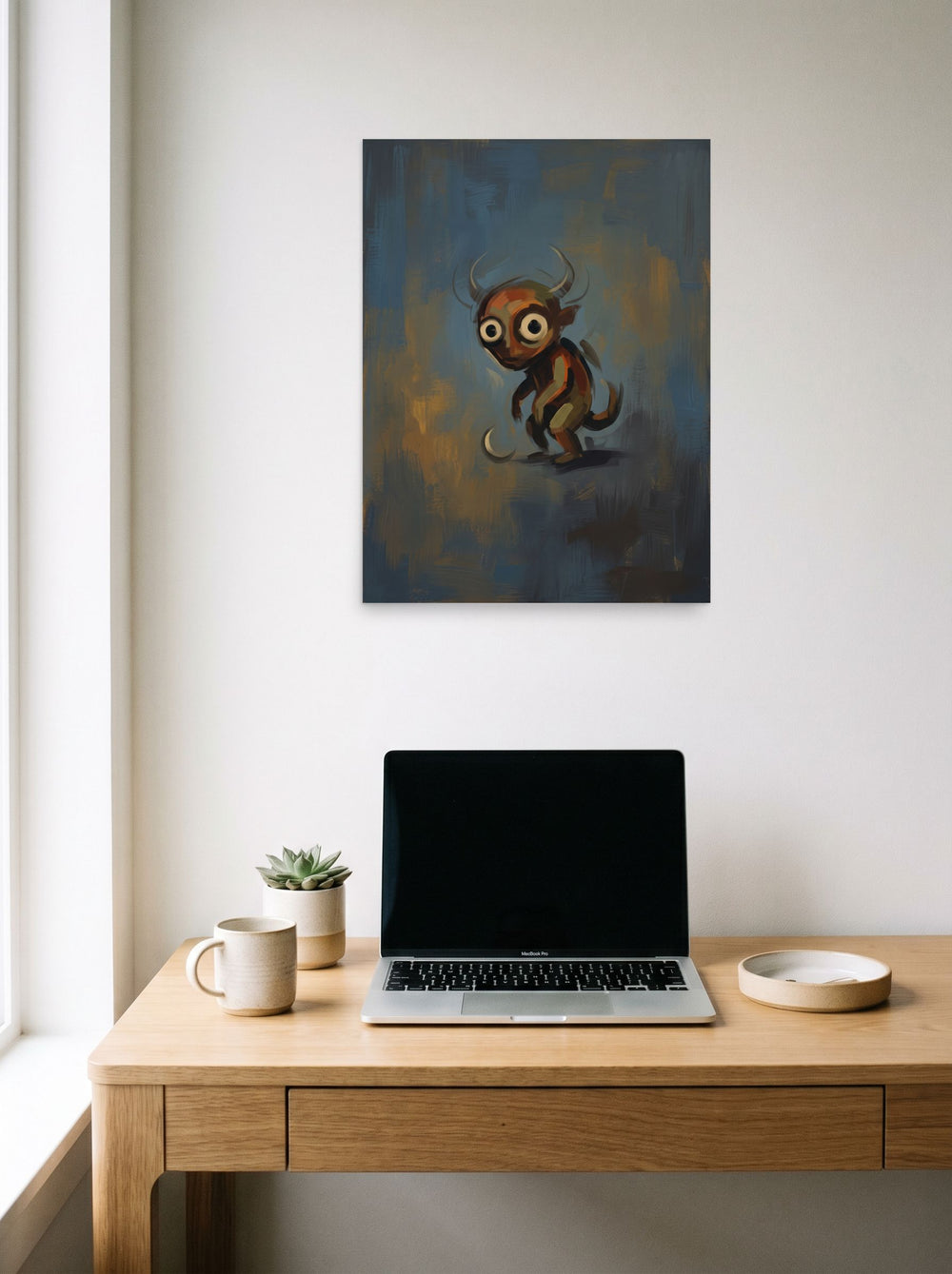 18x24 inch unframed paper print of 'The Curious Imp', styled above a home-office workspace.