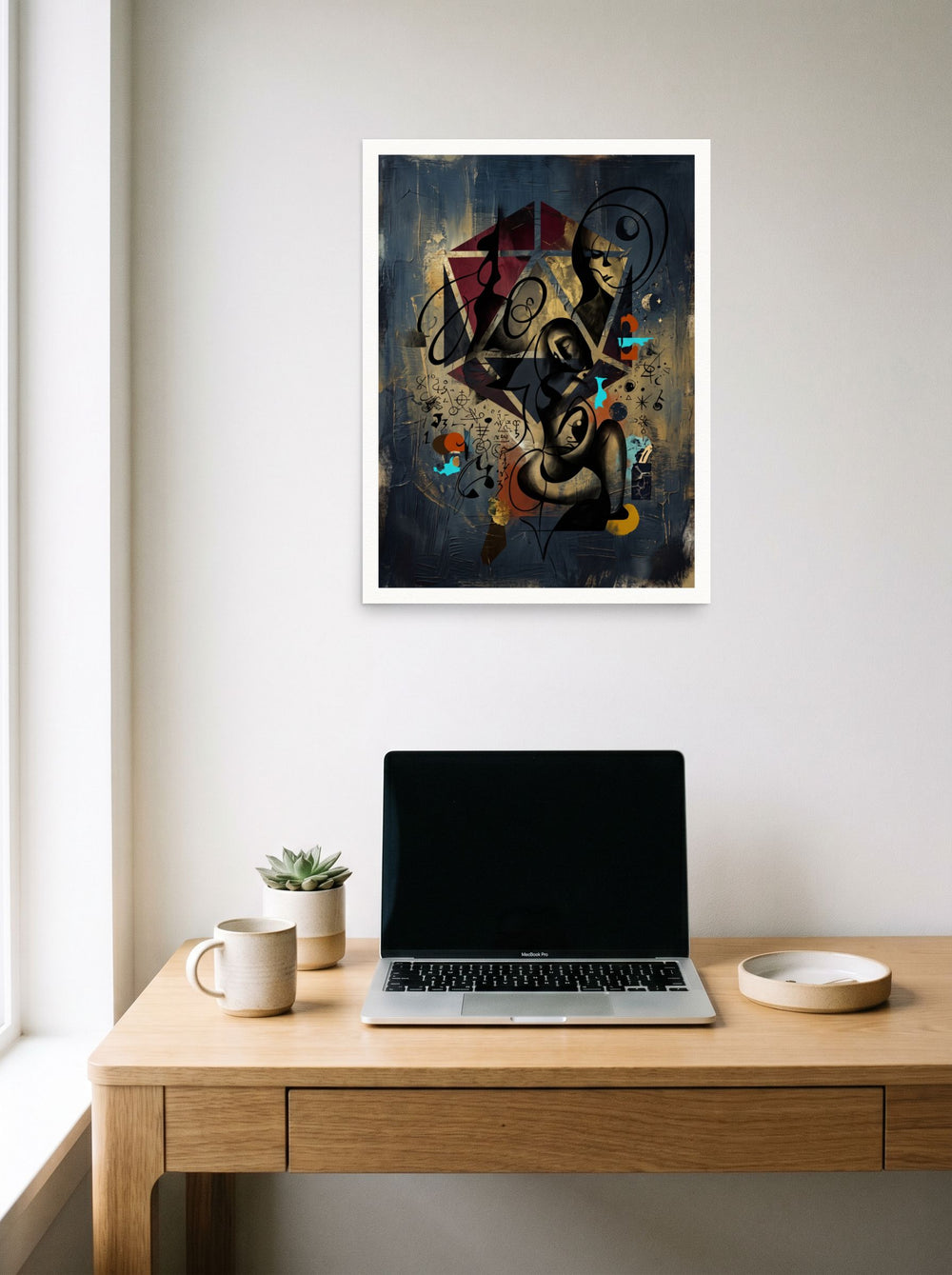 A 18x24 inch unframed paper Dau-al-Set,Surrealism print of 'Alchemist's Embrace' hanging above a worktable with a laptop.