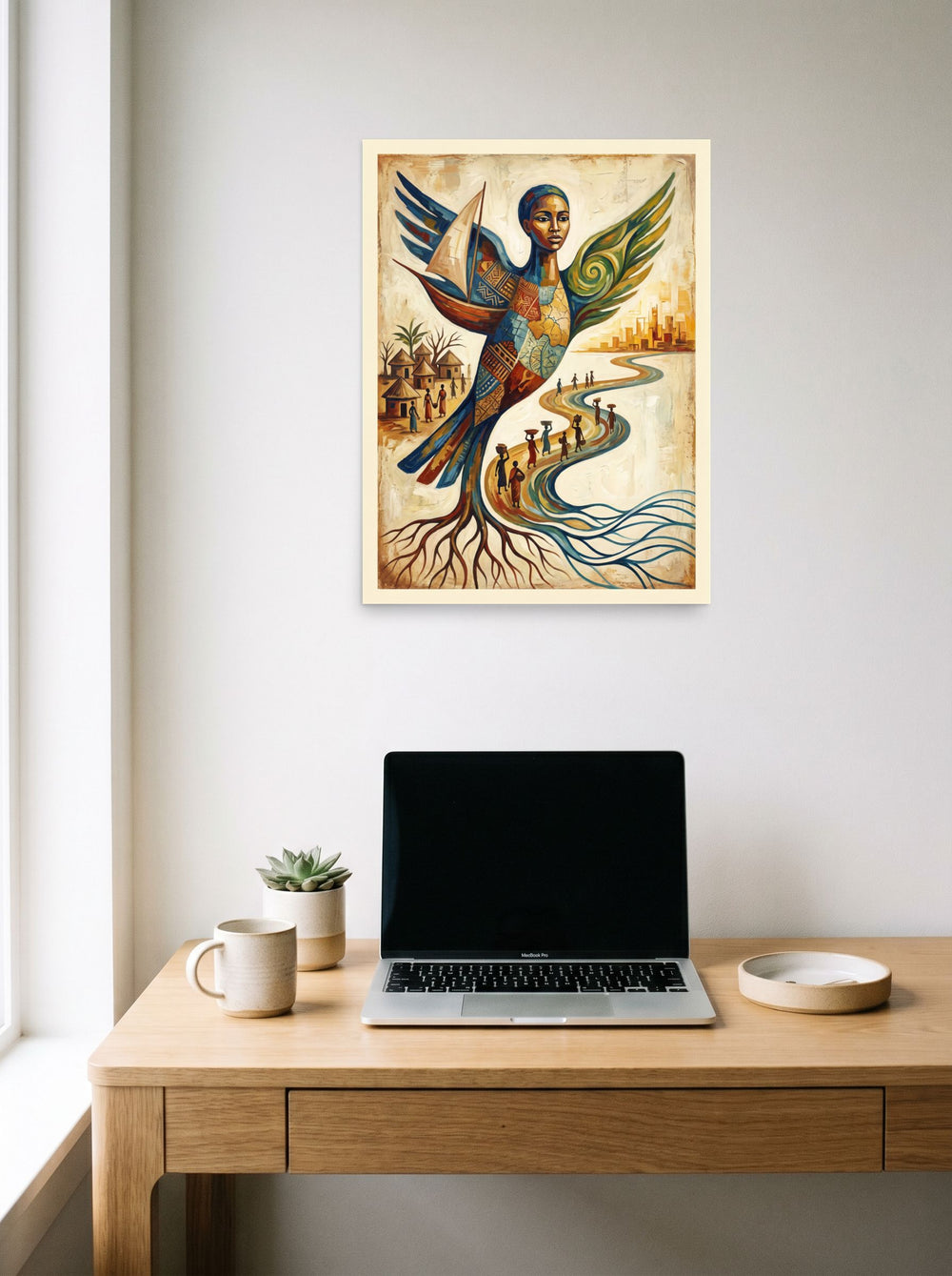 Mockup of 'Wings of Heritage' as a 18x24 inch unframed paper print, styled above a home-office workspace.
