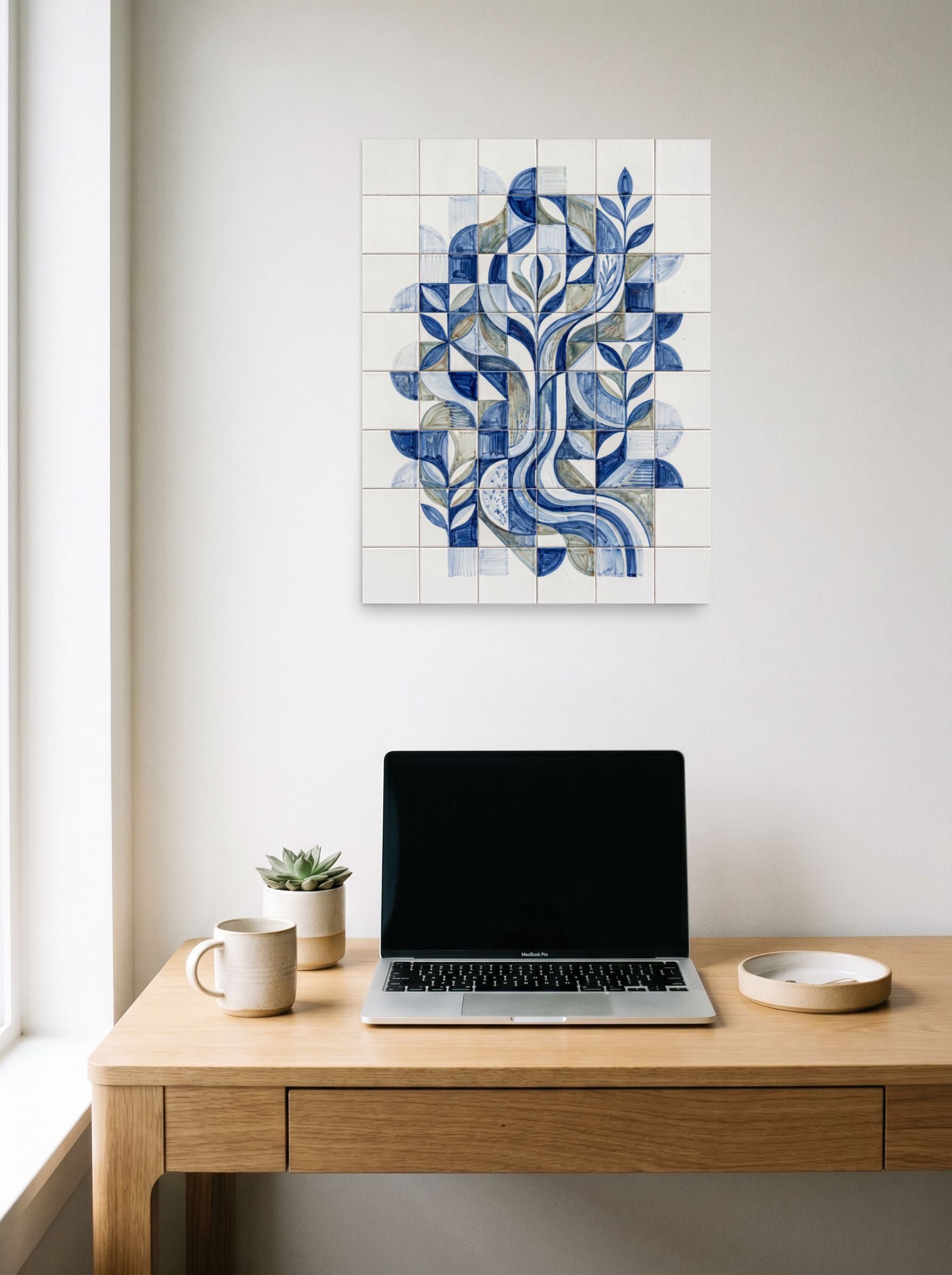 A 18x24 inch unframed paper Geometric abstract art print of 'The Blue Bloom' hanging above a worktable with a laptop.