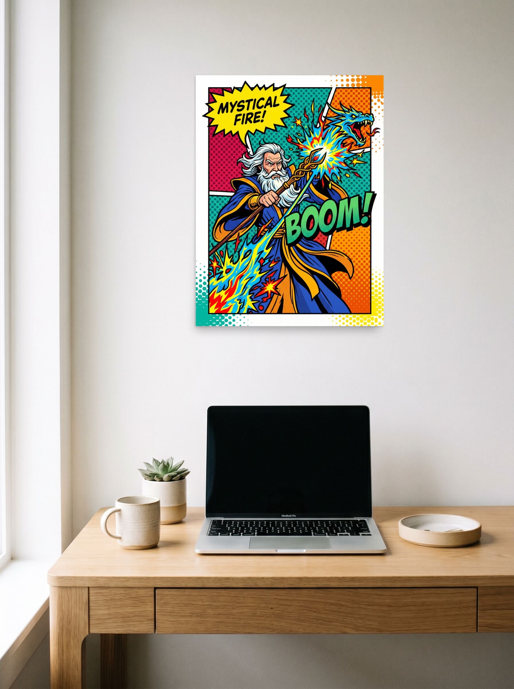 A 18x24 inch unframed paper Pop art print of 'Mystical Fire Boom' hanging above a worktable with a laptop.