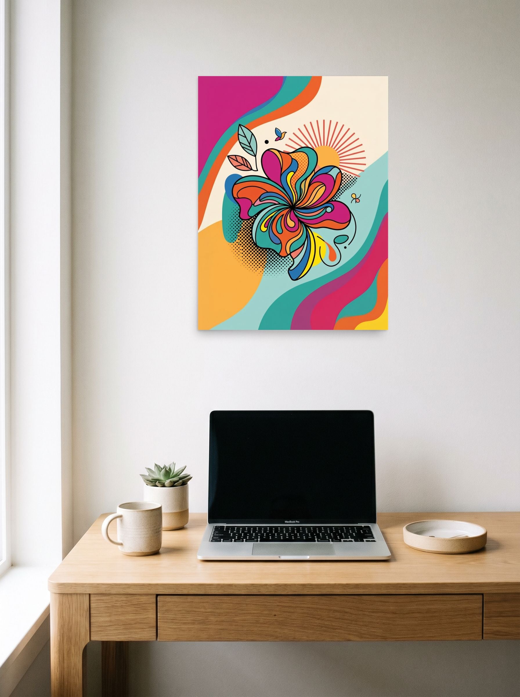 A 18x24 inch unframed paper Pop art print of 'Psychedelic Petals' hanging above a worktable with a laptop.