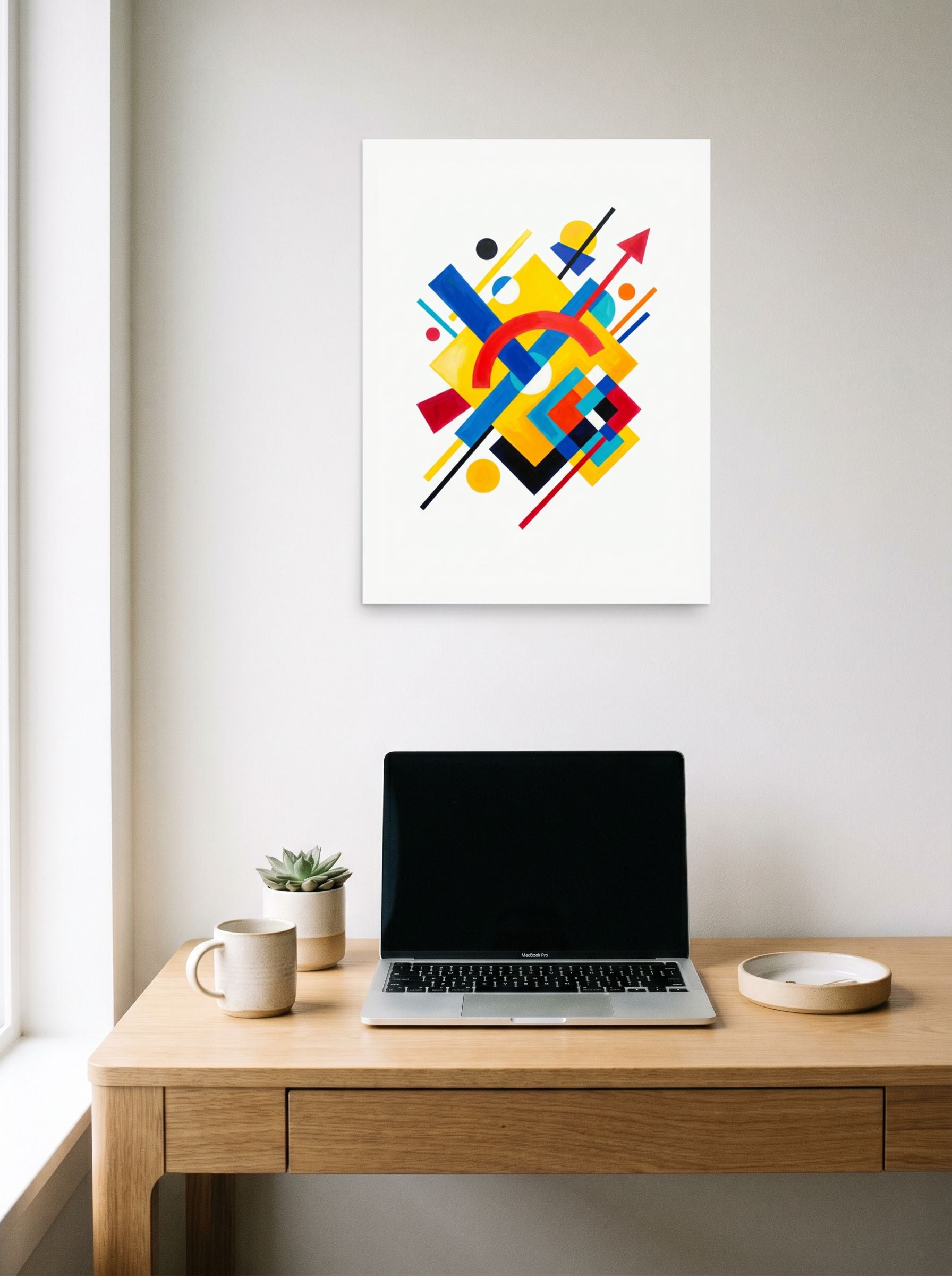 A 18x24 inch unframed paper Suprematism print of 'Directional Energy' hanging above a worktable with a laptop.