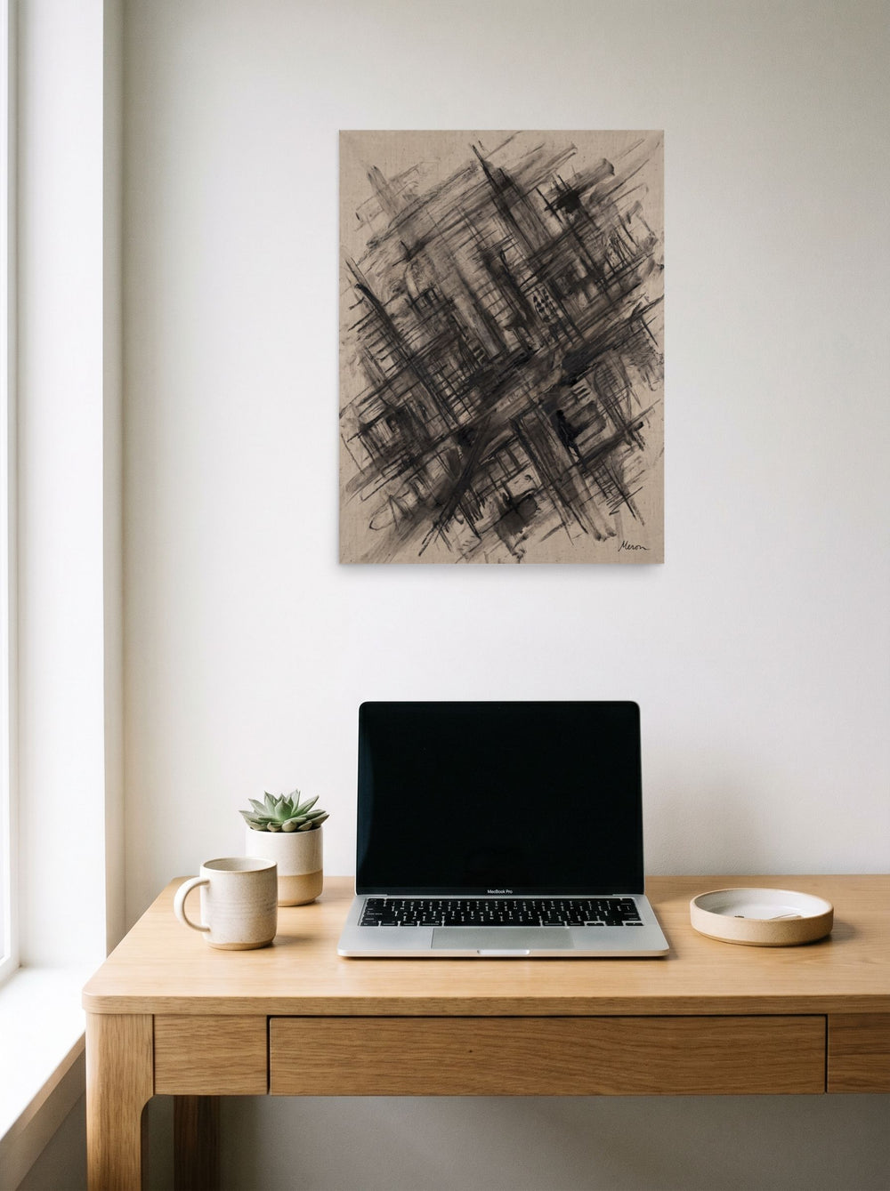 unframed paper wall art 'Scaffolding of Memory' styled above a home-office workspace, at 18x24 inch.