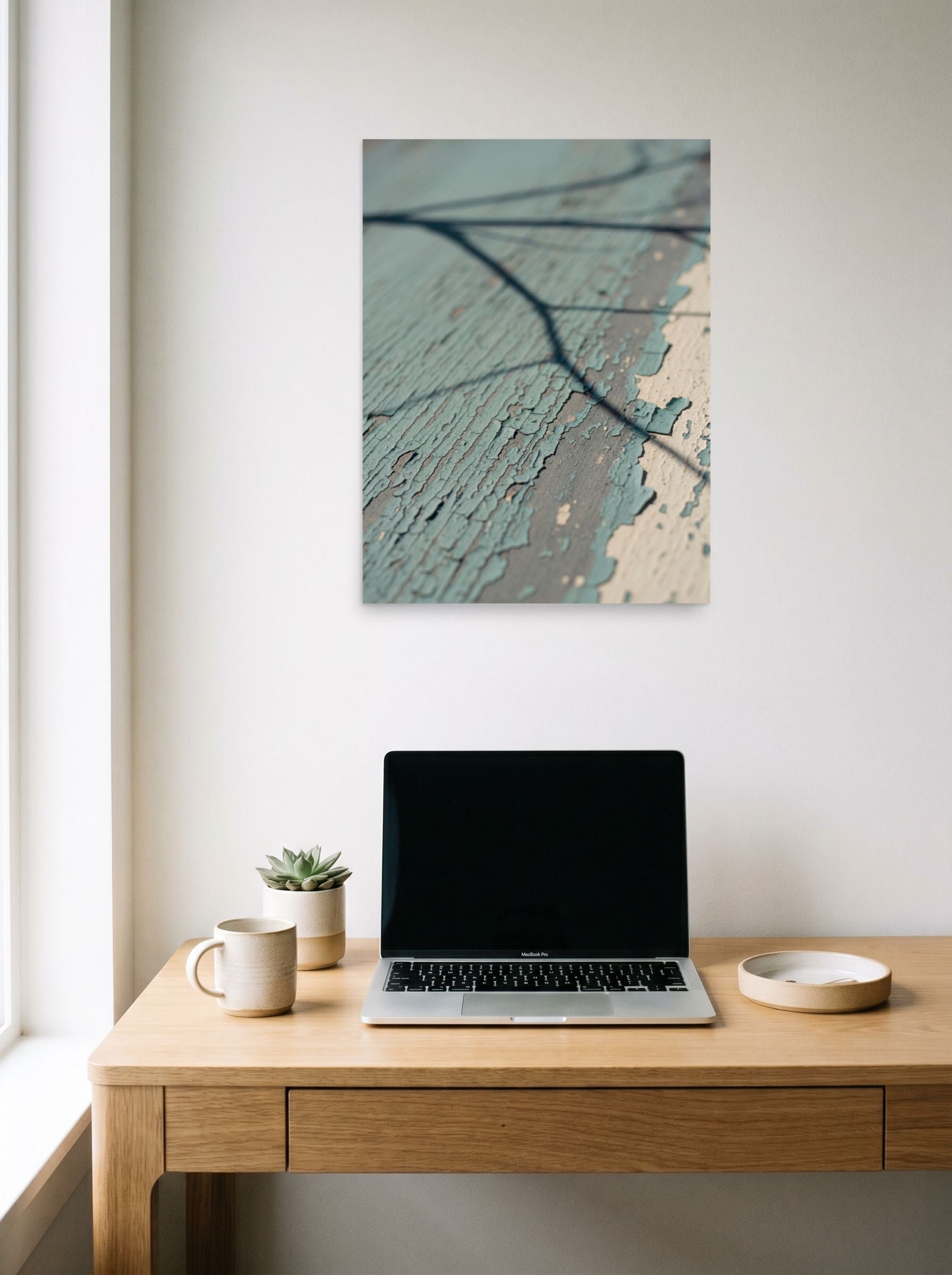 A 18x24 inch unframed paper Art photography print of 'Fading Blue' hanging above a worktable with a laptop.