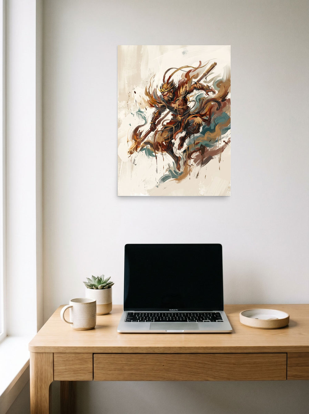 'Sun Wukong Unleashed', a Expressionism print styled above a home-office workspace. Shown as unframed paper, 18x24 inch.