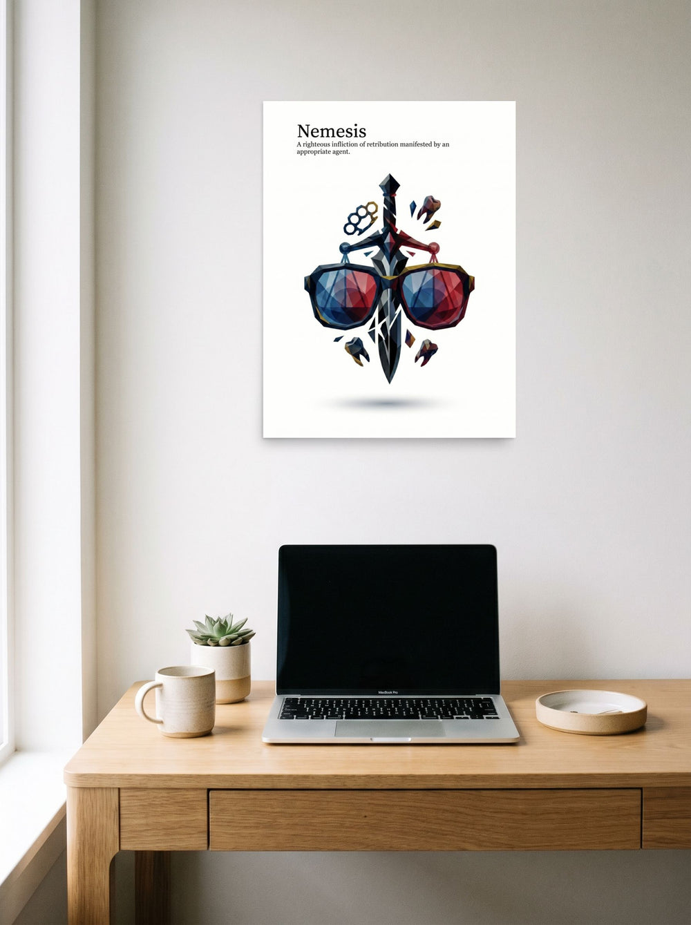 A 18x24 inch unframed paper Digital art,Pop art print of 'Righteous Retribution' hanging above a worktable with a laptop.
