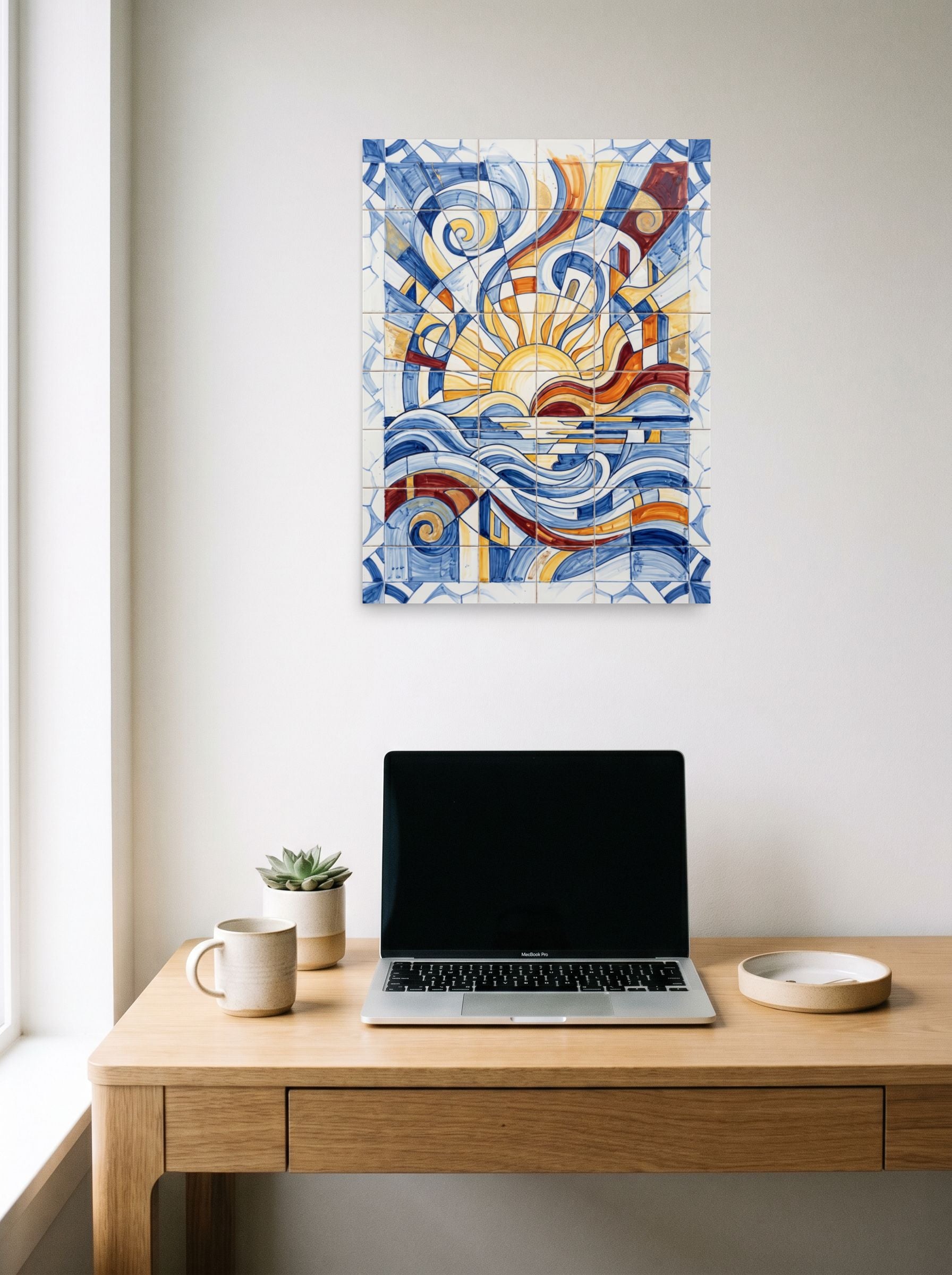 A 18x24 inch unframed paper Cubism print of 'The Radiant Horizon' hanging above a worktable with a laptop.