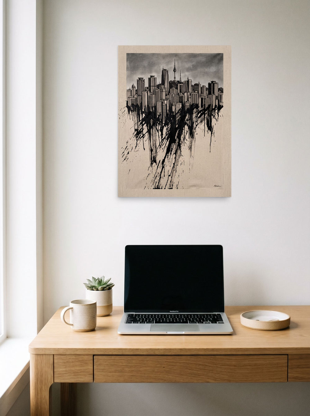 'Seoul Melting into Ink' displayed over a compact desk setup. A 18x24 inch unframed paper Expressionism print.