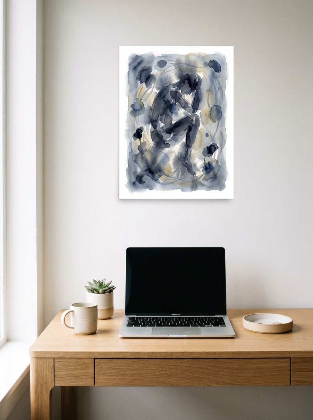 unframed paper wall art 'Quiet Solitude' styled above a home-office workspace, at 18x24 inch.