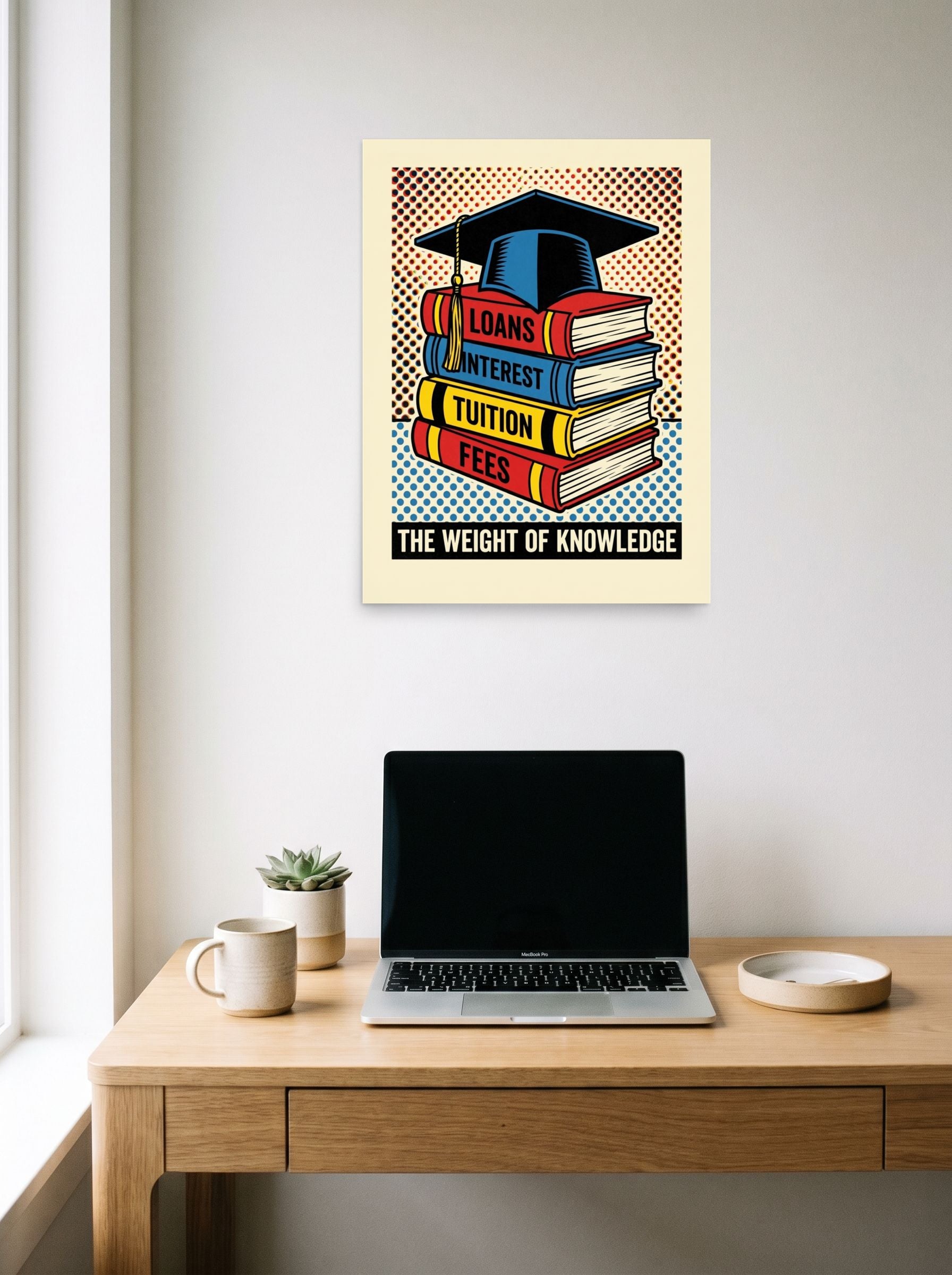 A 18x24 inch unframed paper Pop art print of 'The Weight of Knowledge' hanging above a worktable with a laptop.