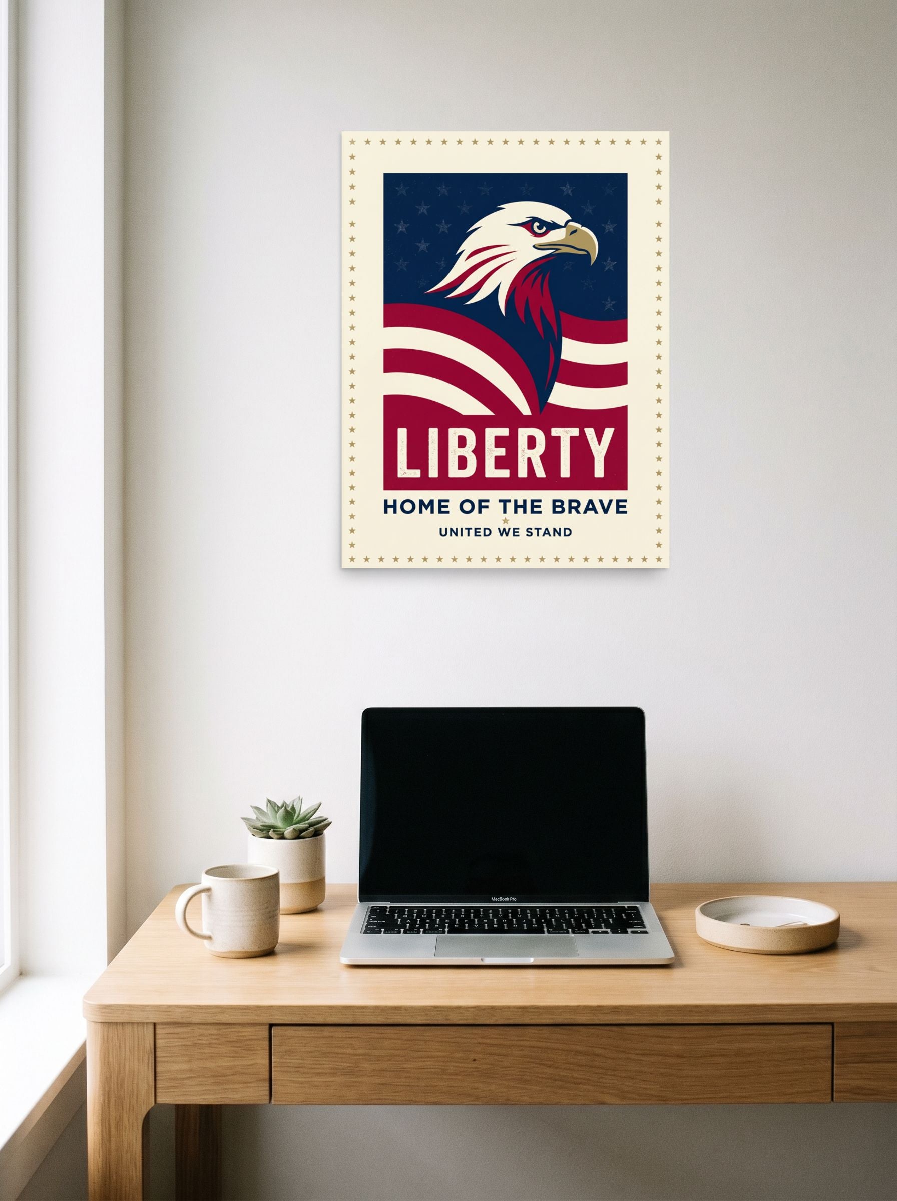 A 18x24 inch unframed paper Pop art print of 'Spirit of Liberty' hanging above a worktable with a laptop.