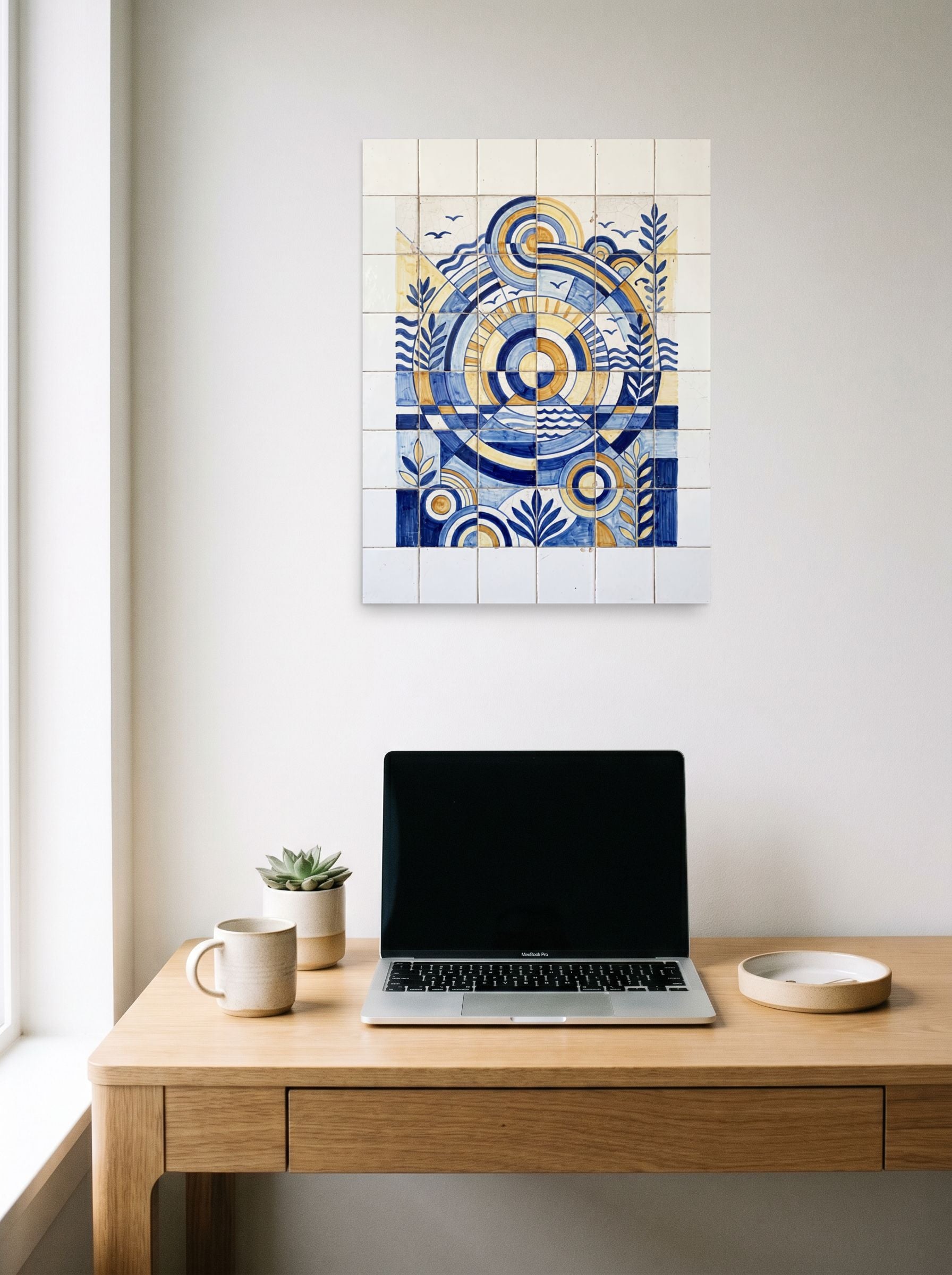 A 18x24 inch unframed paper Art Deco print of 'The Sunlit Compass' hanging above a worktable with a laptop.