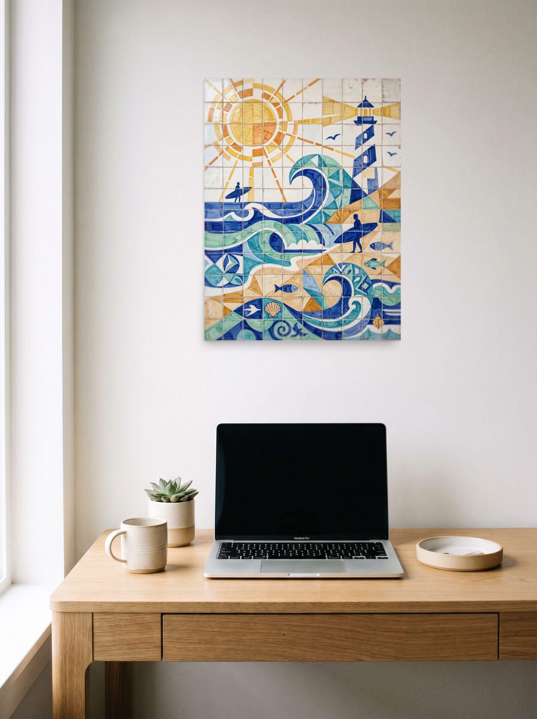 A 18x24 inch unframed paper Cubism print of 'Coastline Cubism' hanging above a worktable with a laptop.