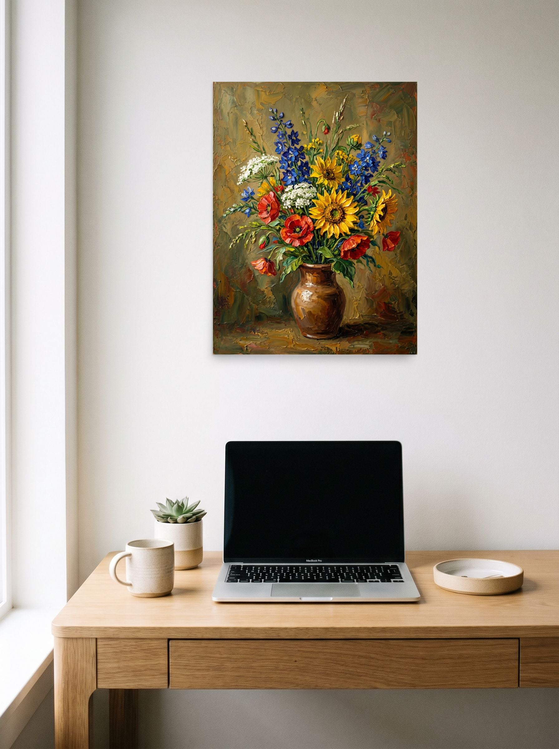 A 18x24 inch unframed paper Impressionism print of 'Rustic Floral Bloom' hanging above a worktable with a laptop.